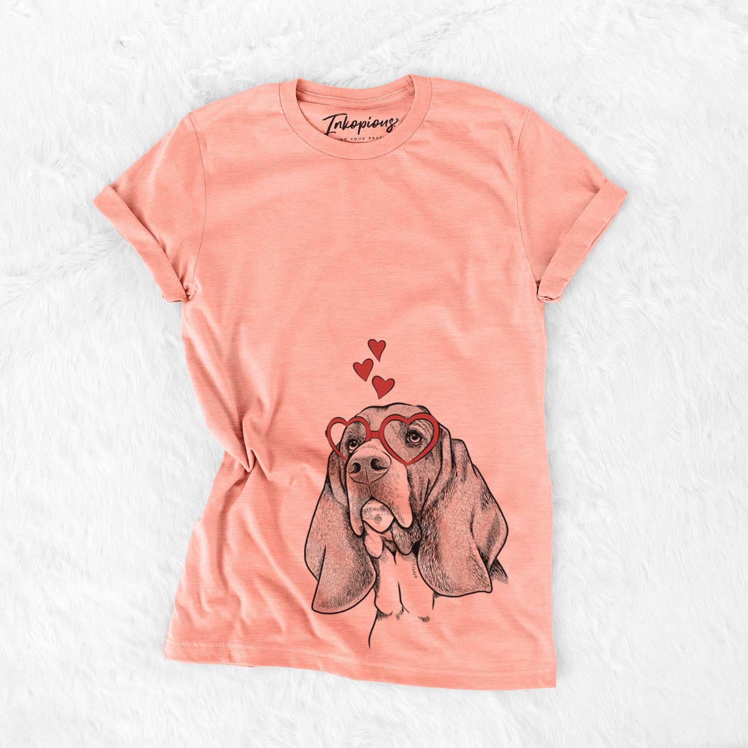 Hand-drawn sketch of Cooper the Basset Hound wearing heart-shaped glasses on a Sunset Bella Canvas Unisex Crewneck