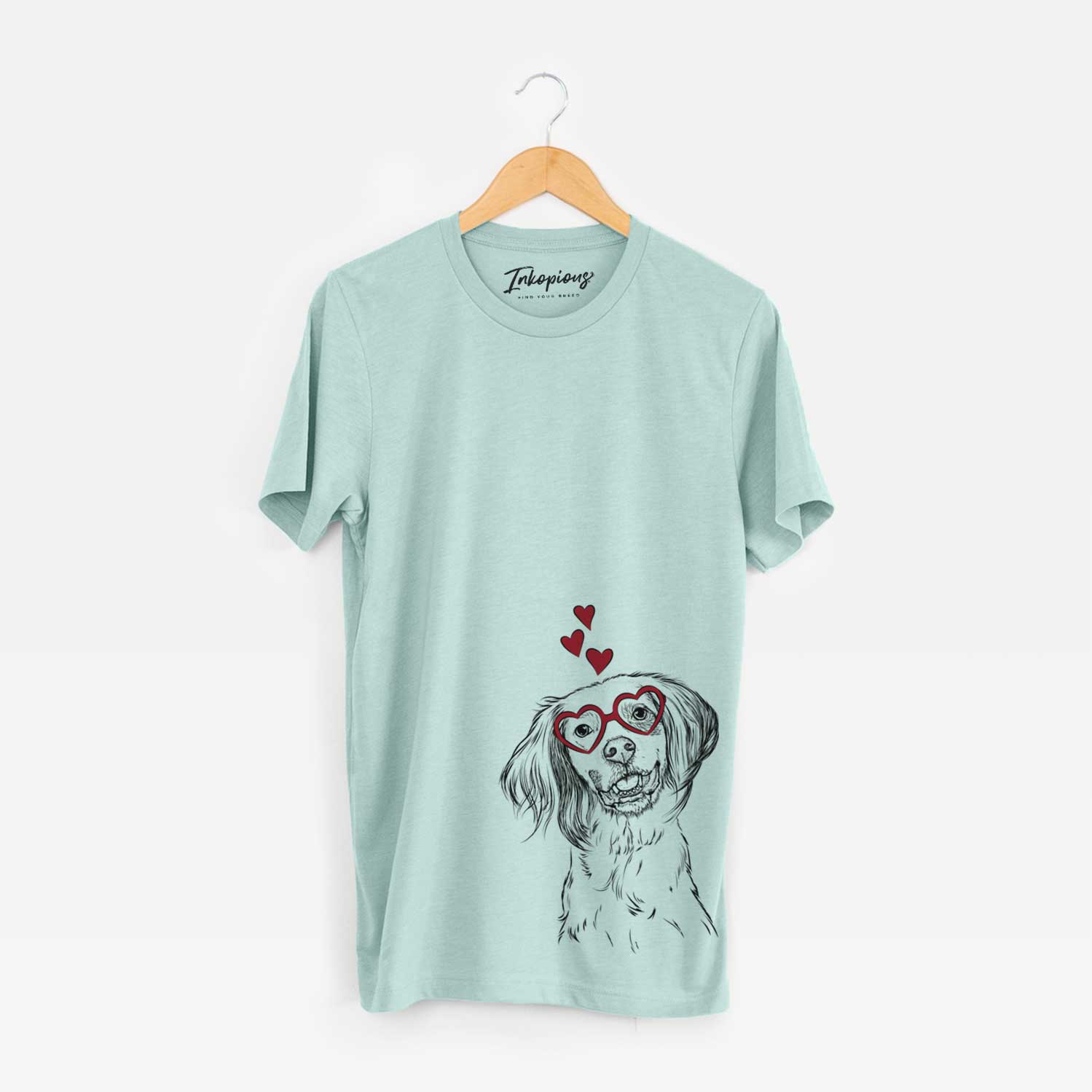 Hand-drawn sketch of Cooper the English Setter wearing heart-shaped glasses on a Heather Sage Bella Canvas Unisex Crewneck