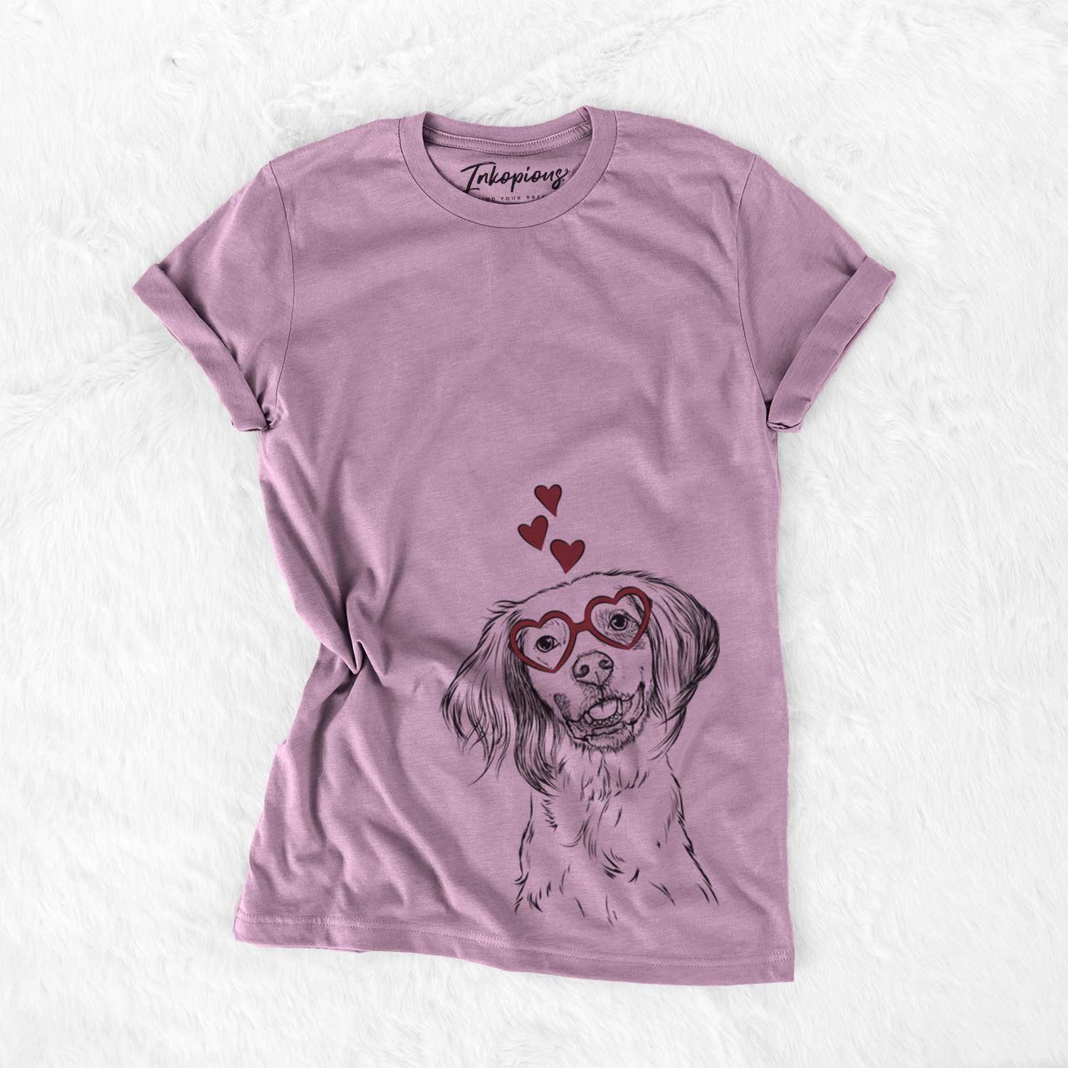 Hand-drawn sketch of Cooper the English Setter wearing heart-shaped glasses on an Orchid Bella Canvas Unisex Crewneck
