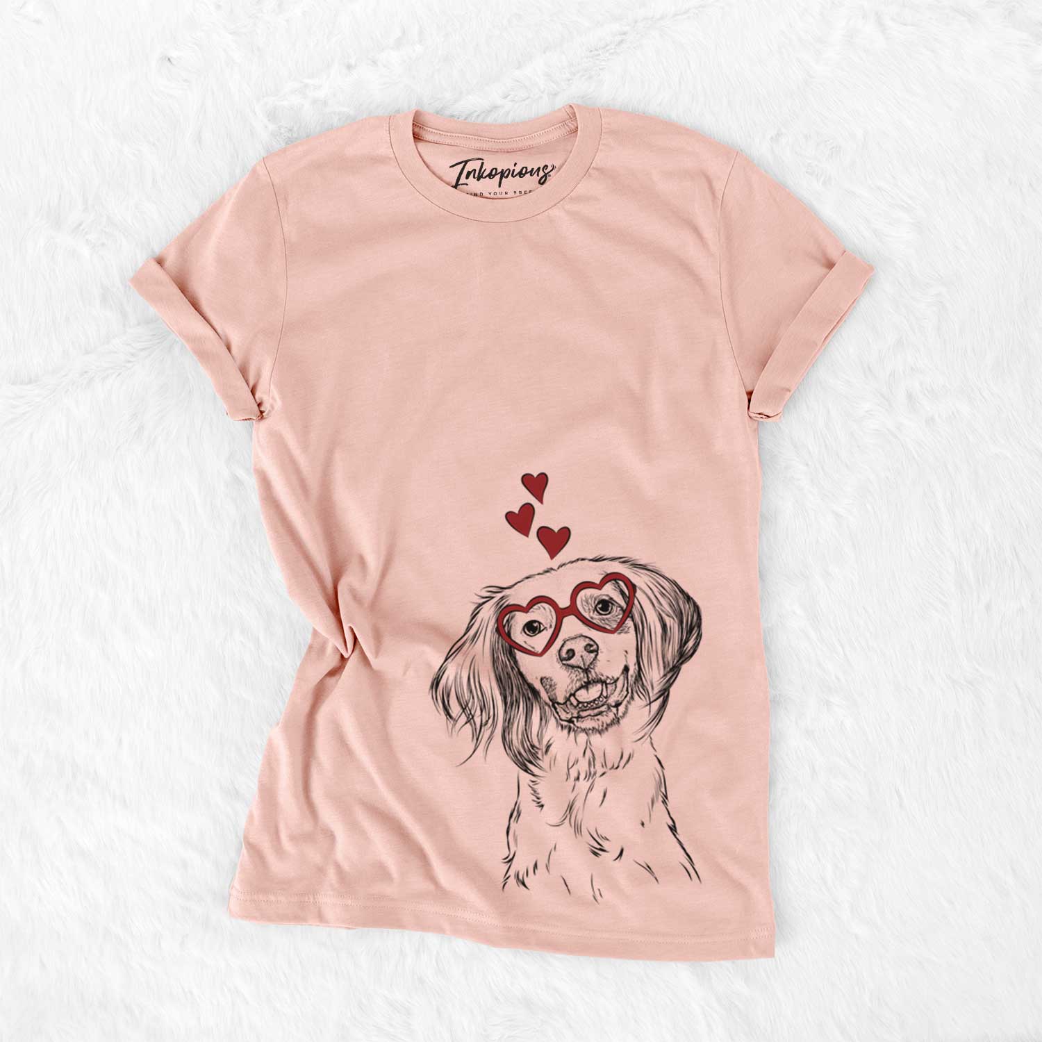 Hand-drawn sketch of Cooper the English Setter wearing heart-shaped glasses on a Peach Bella Canvas Unisex Crewneck