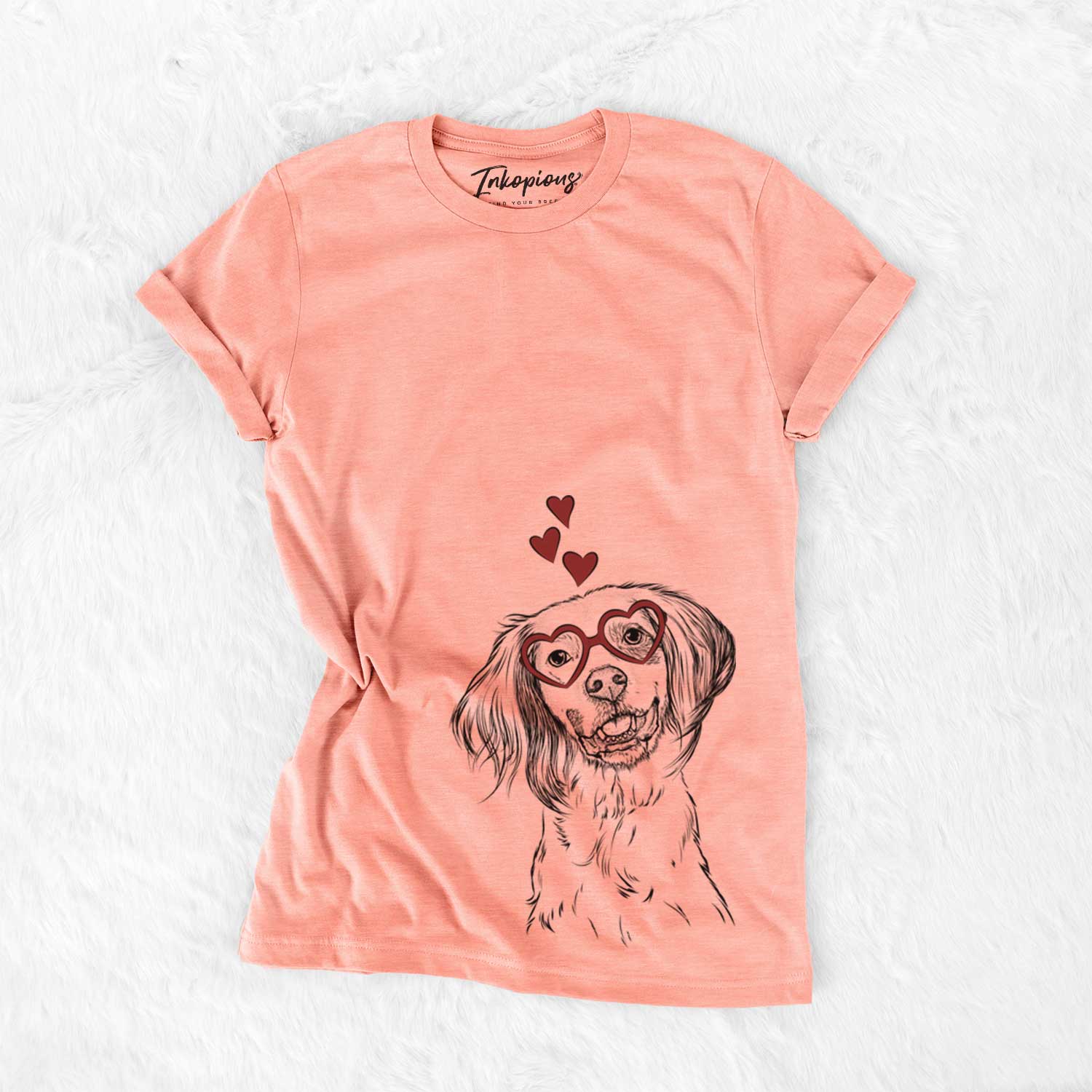 Hand-drawn sketch of Cooper the English Setter wearing heart-shaped glasses on a Sunset Bella Canvas Unisex Crewneck