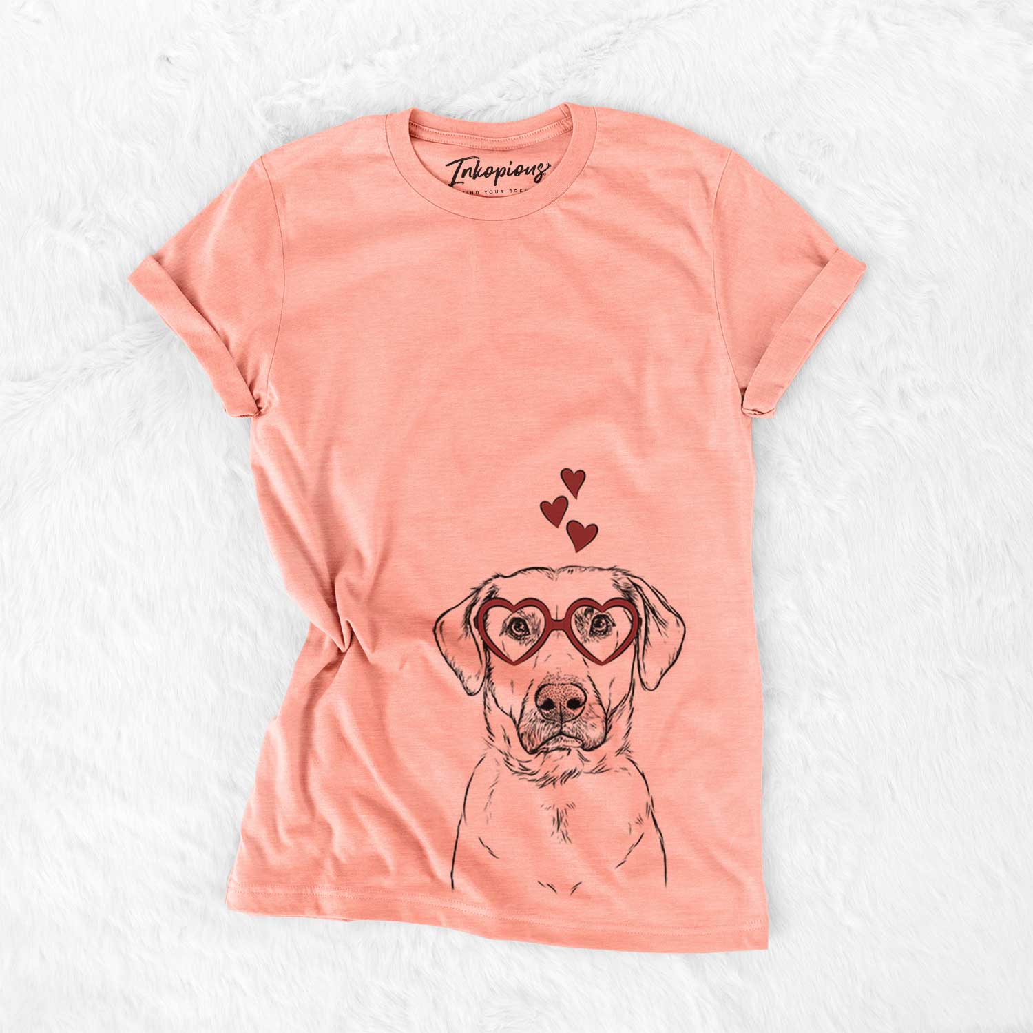 Hand-drawn sketch of Cooper Griffin the Mixed Breed wearing heart-shaped glasses on a Sunset Bella Canvas Unisex Crewneck