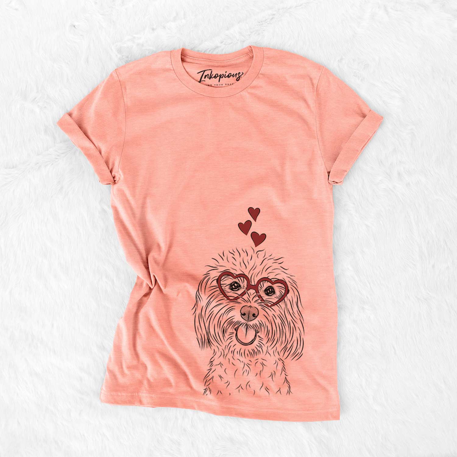 Hand-drawn sketch of Cuddles the Coton de Tulear wearing heart-shaped glasses on a Sunset Bella Canvas Unisex Crewneck