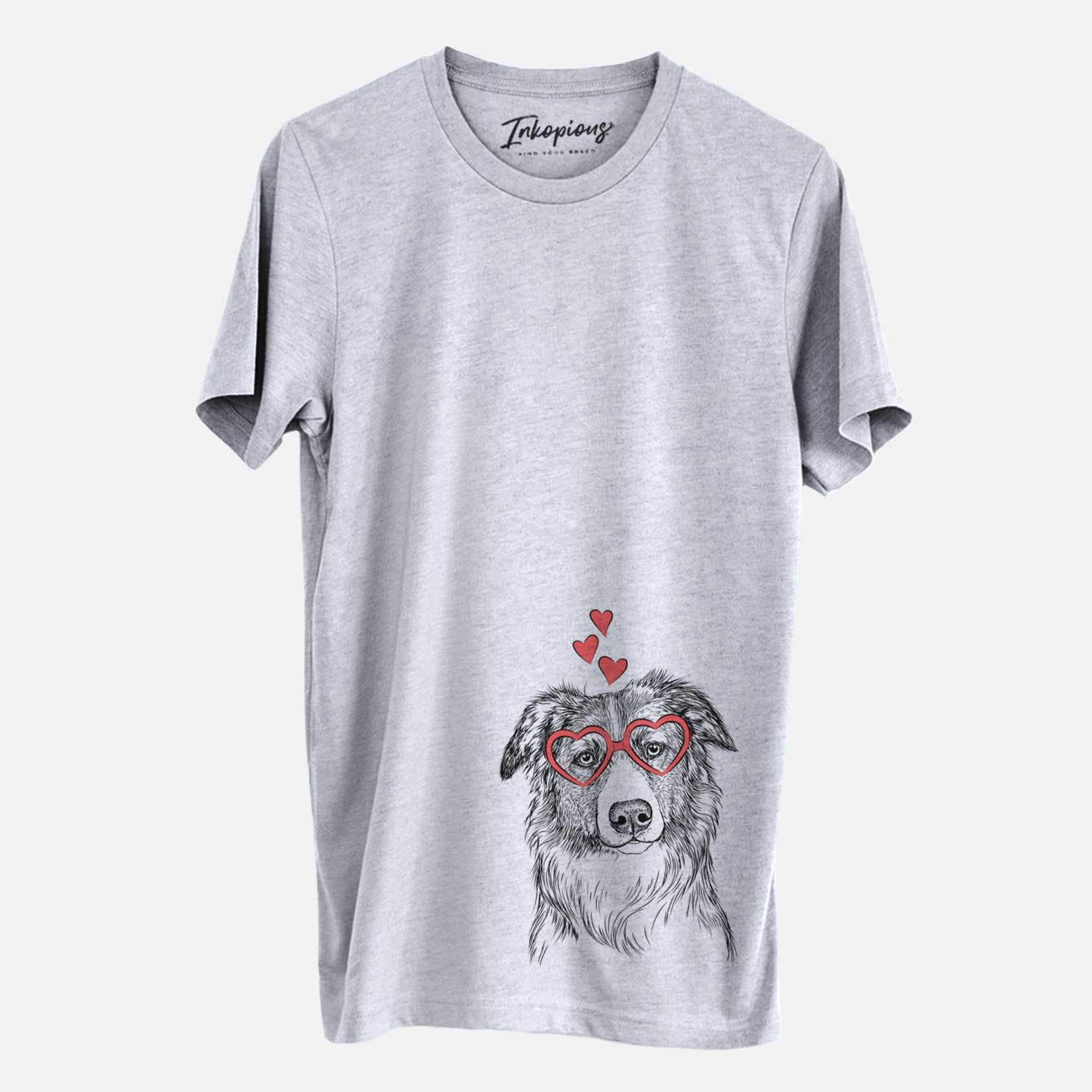 Hand-drawn sketch of Cynder the English Shepherd wearing heart-shaped glasses on a Grey Unisex crewneck