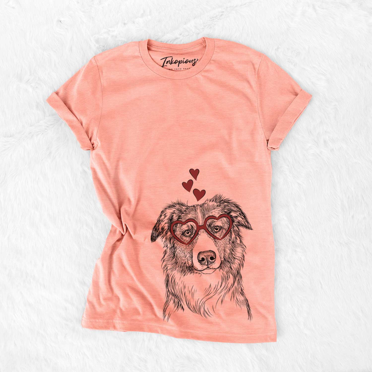 Hand-drawn sketch of Cynder the English Shepherd wearing heart-shaped glasses on a Sunset Bella Canvas Unisex Crewneck