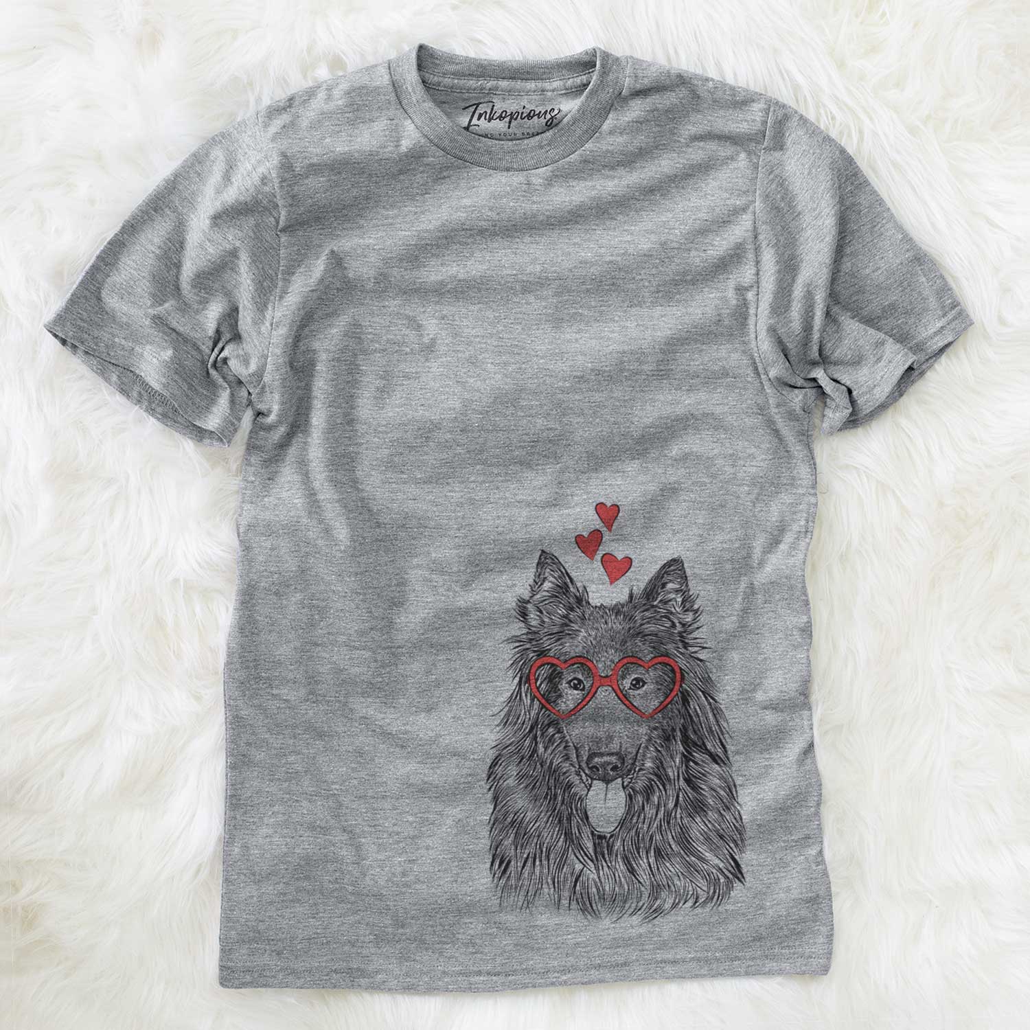 Hand-drawn sketch of Daan the Belgian Shepherd wearing heart-shaped glasses on a Grey Unisex crewneck