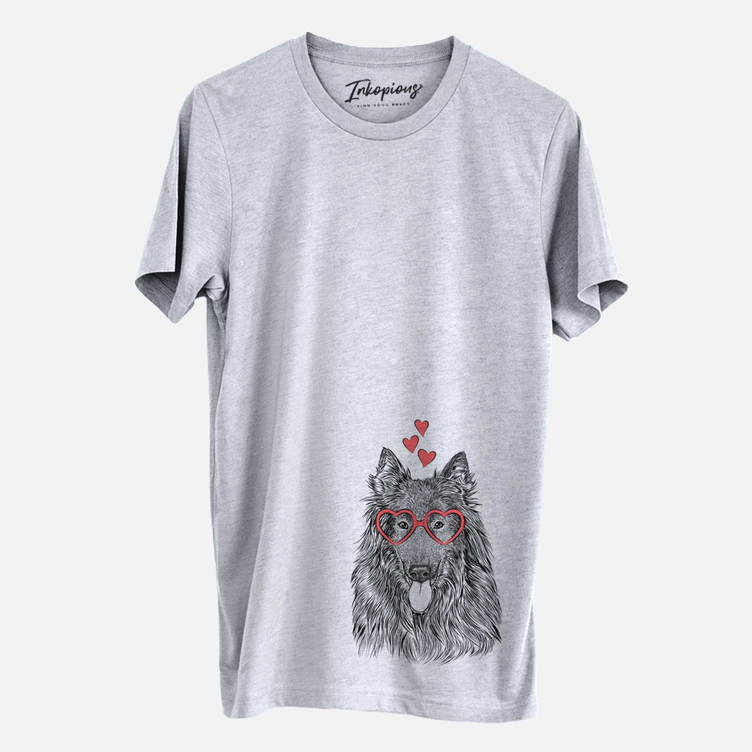 Hand-drawn sketch of Daan the Belgian Shepherd wearing heart-shaped glasses on a Grey Unisex crewneck