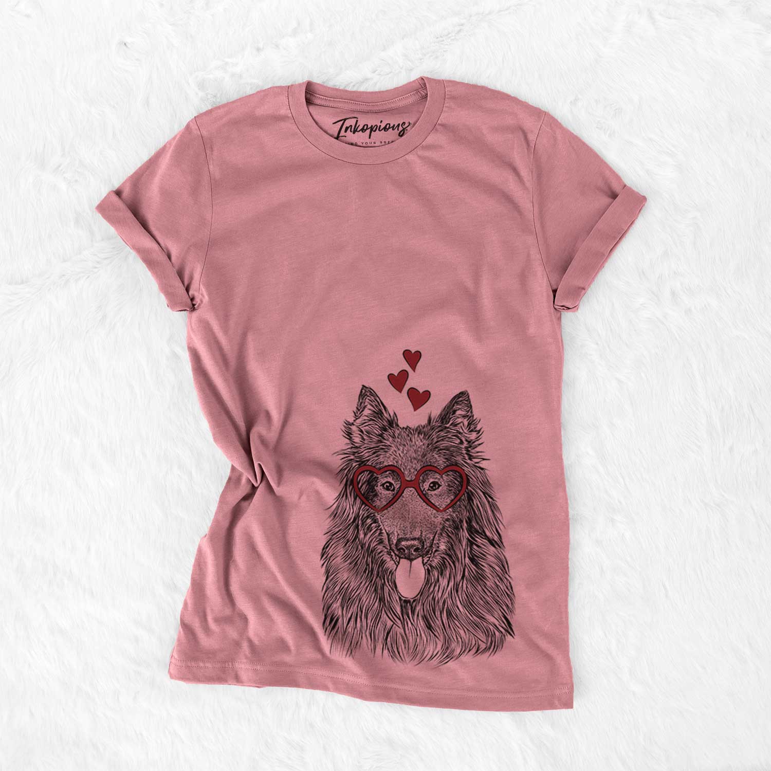 Hand-drawn sketch of Daan the Belgian Shepherd wearing heart-shaped glasses on a Mauve Bella Canvas Unisex Crewneck