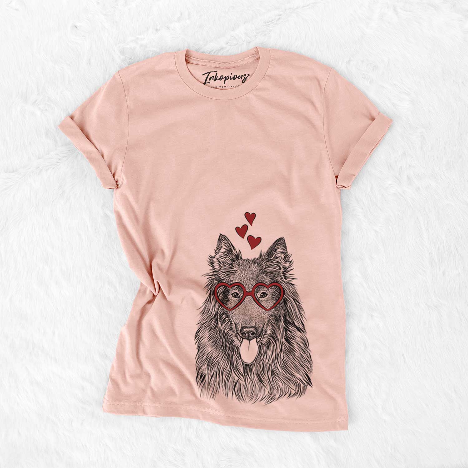 Hand-drawn sketch of Daan the Belgian Shepherd wearing heart-shaped glasses on a Peach Bella Canvas Unisex Crewneck