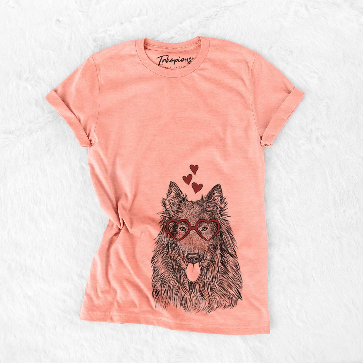 Hand-drawn sketch of Daan the Belgian Shepherd wearing heart-shaped glasses on a Sunset Bella Canvas Unisex Crewneck