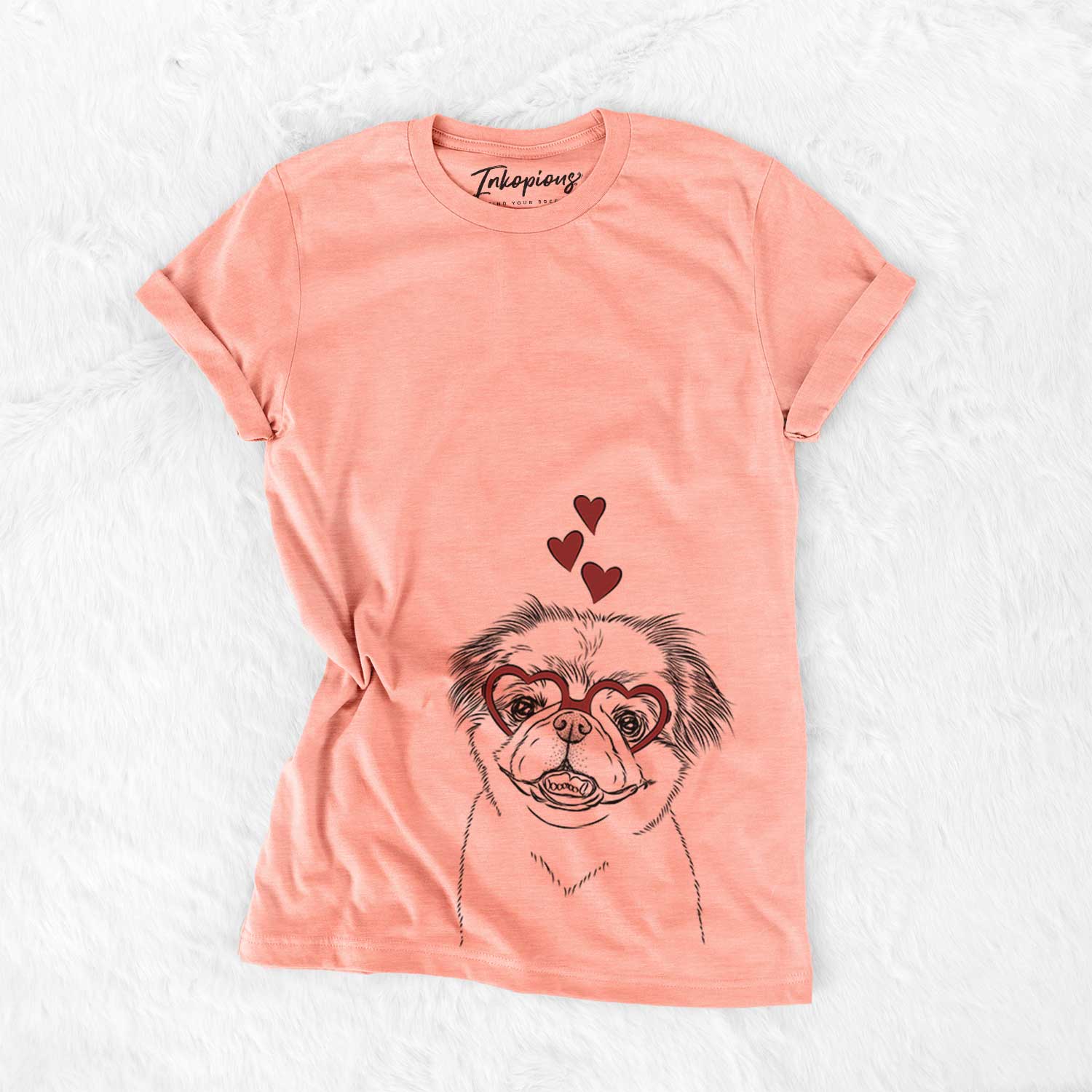 Hand-drawn sketch of Danny the Pekingese wearing heart-shaped glasses on a Sunset Bella Canvas Unisex Crewneck