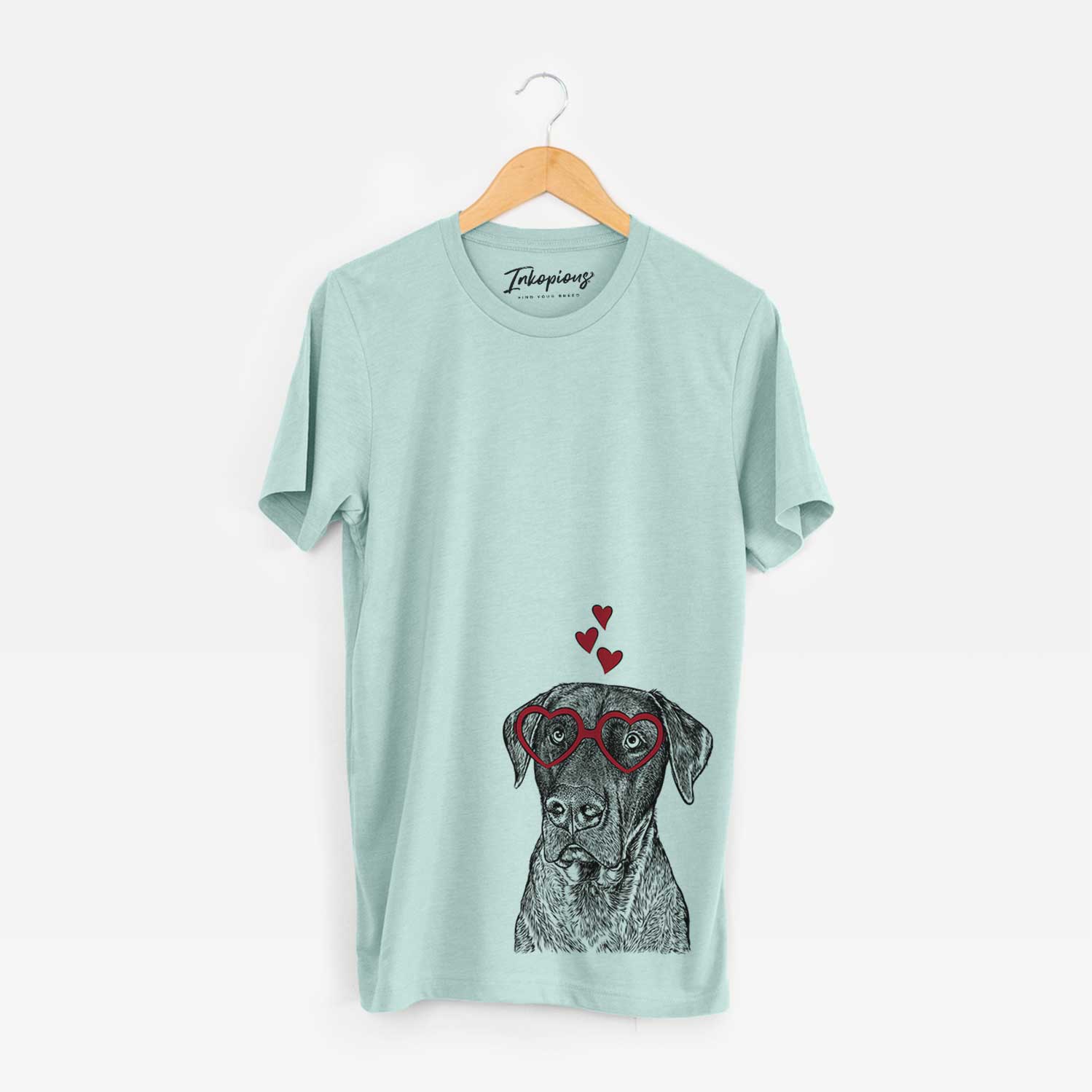 Hand-drawn sketch of David the Boxador wearing heart-shaped glasses on a Heather Sage Bella Canvas Unisex Crewneck