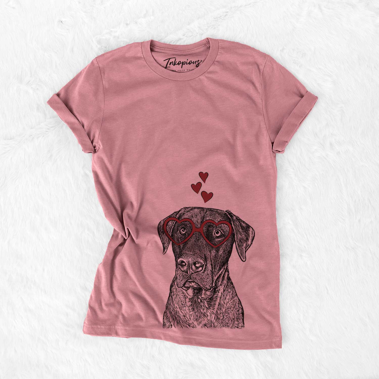 Hand-drawn sketch of David the Boxador wearing heart-shaped glasses on a Mauve Bella Canvas Unisex Crewneck