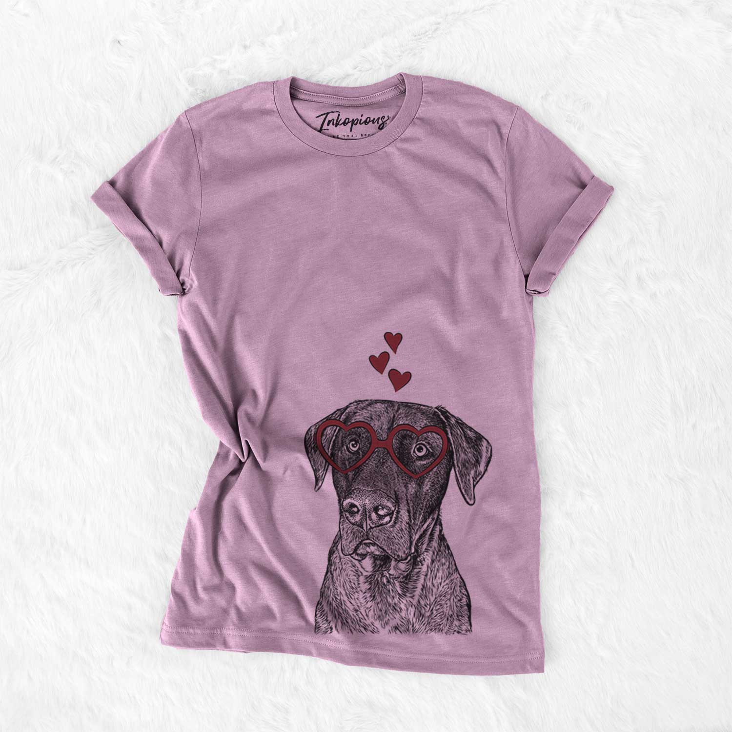 Hand-drawn sketch of David the Boxador wearing heart-shaped glasses on an Orchid Bella Canvas Unisex Crewneck