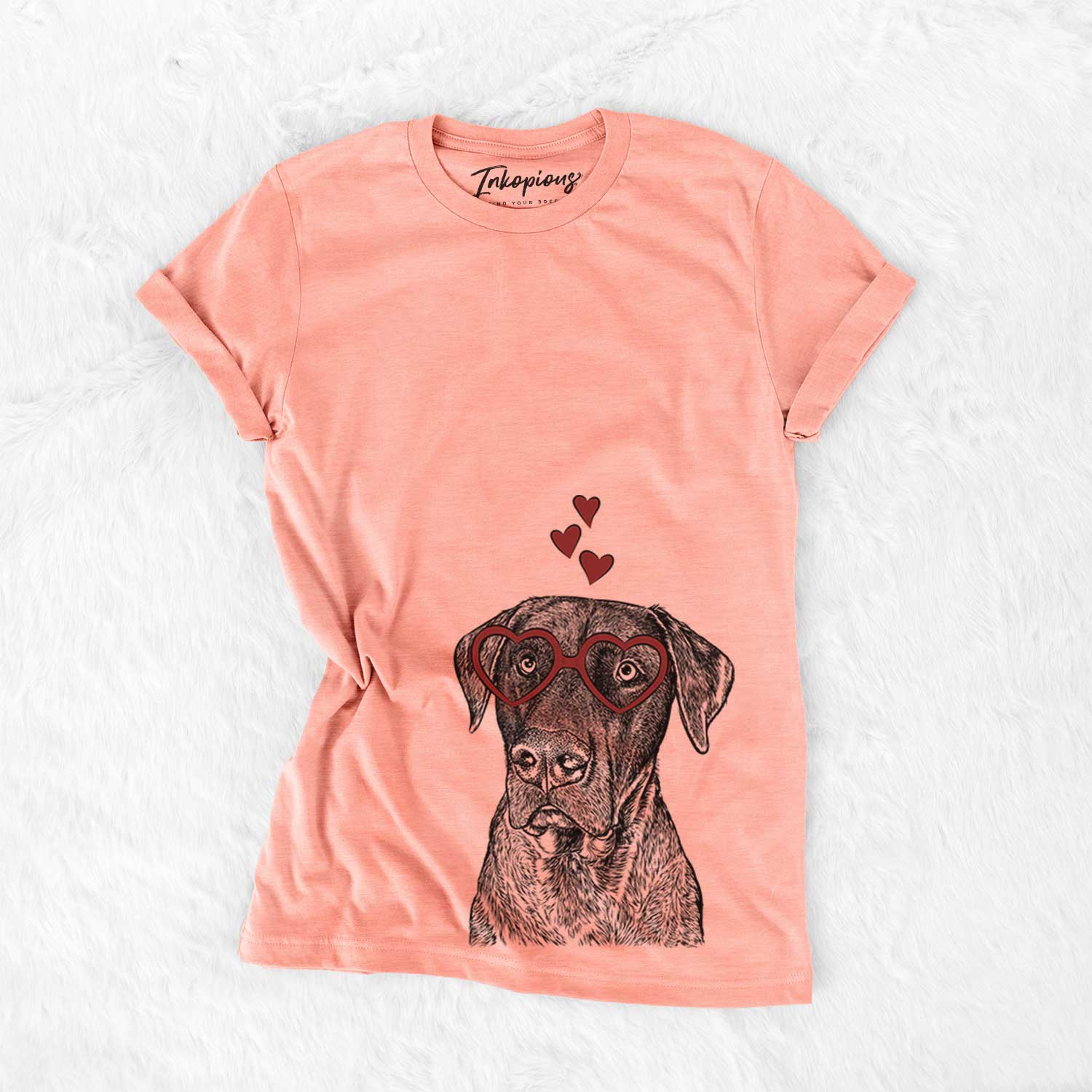 Hand-drawn sketch of David the Boxador wearing heart-shaped glasses on a Sunset Bella Canvas Unisex Crewneck
