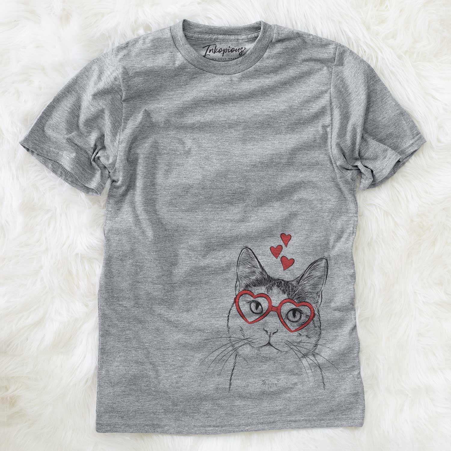 Hand-drawn sketch of Denver the Calico Cat wearing heart-shaped glasses on a Grey Unisex crewneck