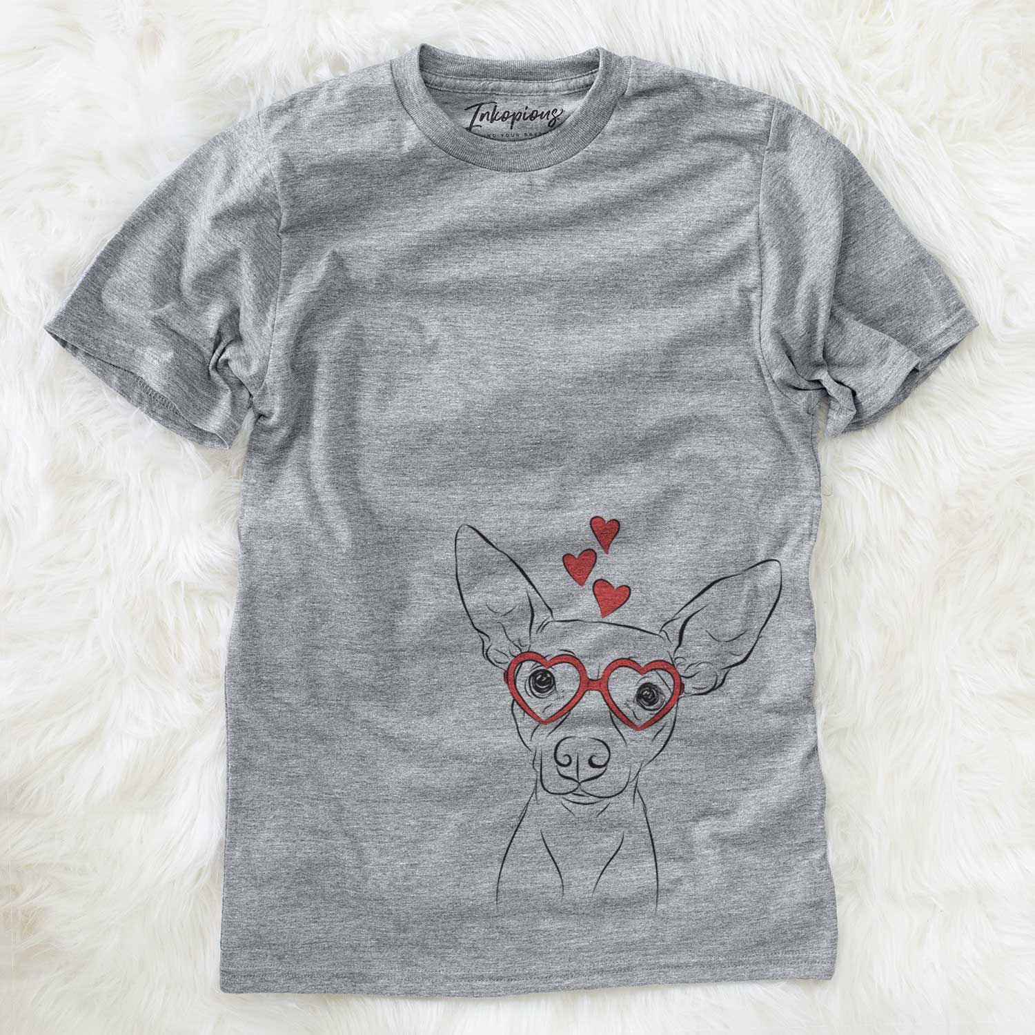 Hand-drawn sketch of Desi the American Hairless Terrier wearing heart-shaped glasses on a Grey Unisex crewneck