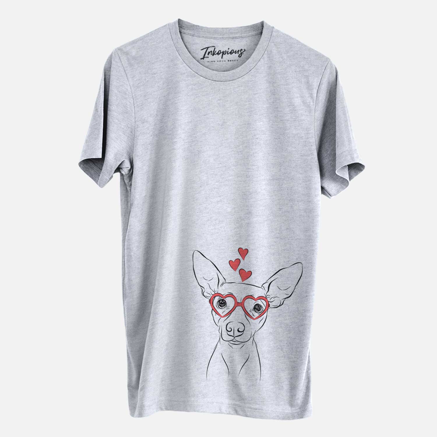 Hand-drawn sketch of Desi the American Hairless Terrier wearing heart-shaped glasses on a Grey Unisex crewneck