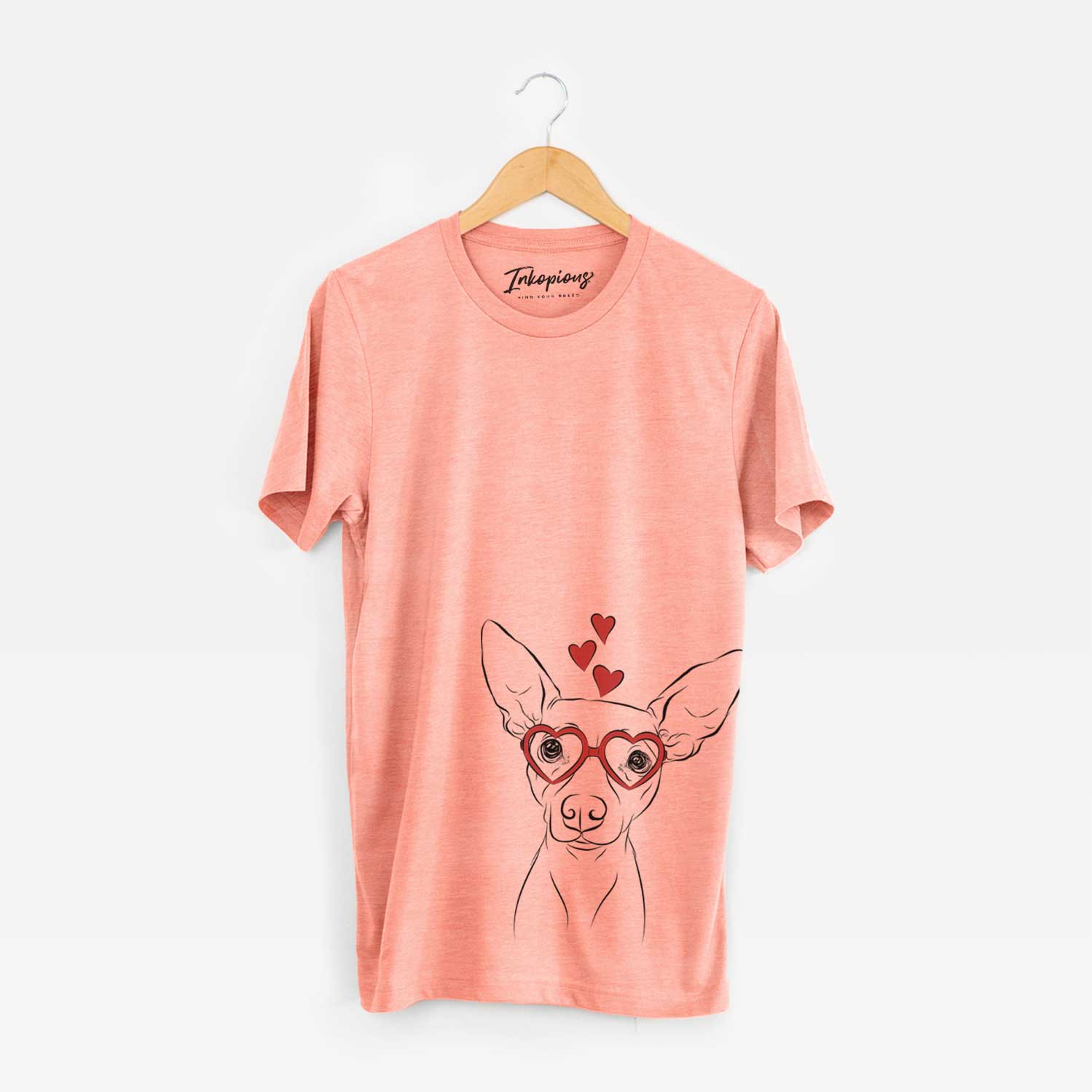 Hand-drawn sketch of Desi the American Hairless Terrier wearing heart-shaped glasses on a Sunset Unisex crewneck