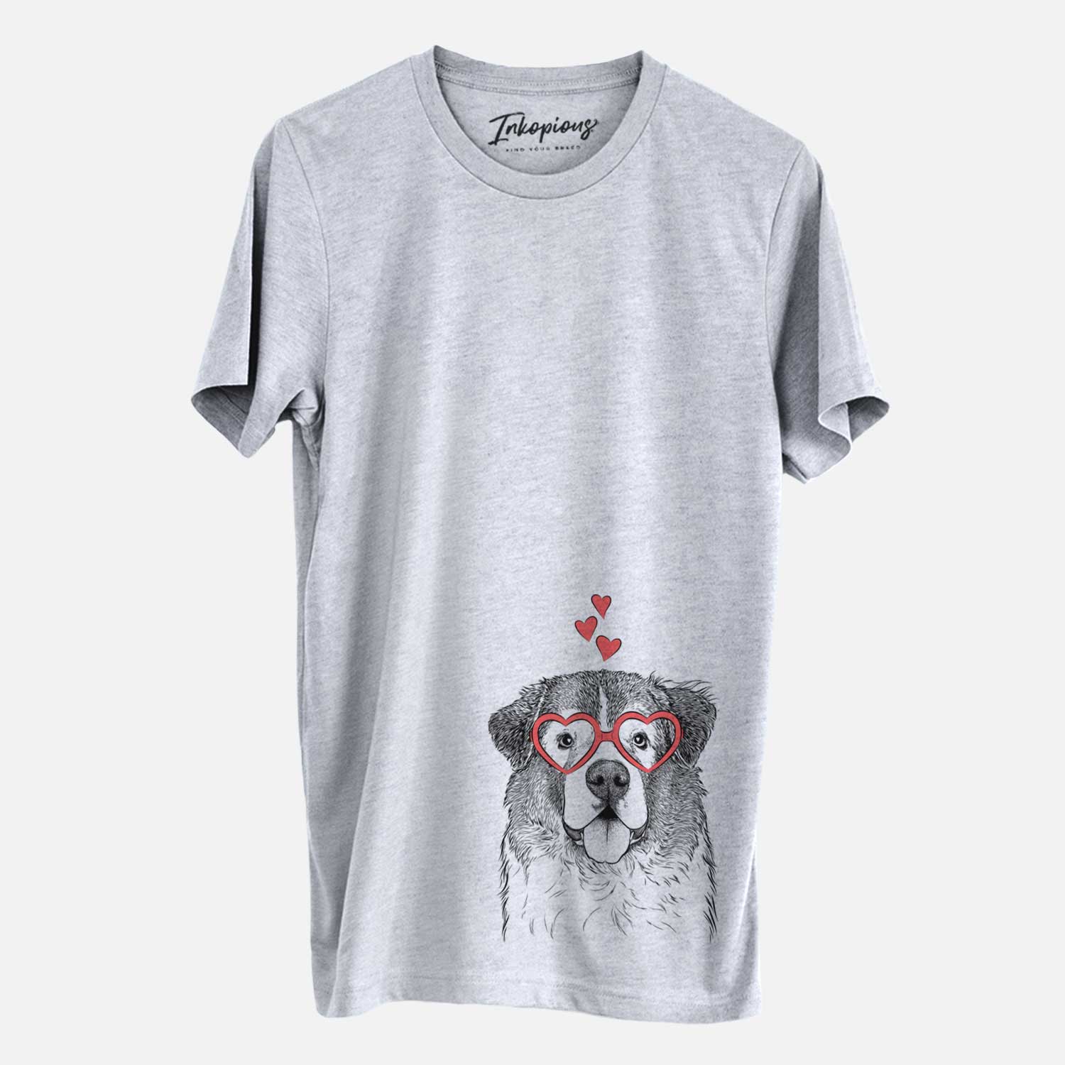 Hand-drawn sketch of Dilly the Saint Bernard wearing heart-shaped glasses on a Grey Unisex crewneck