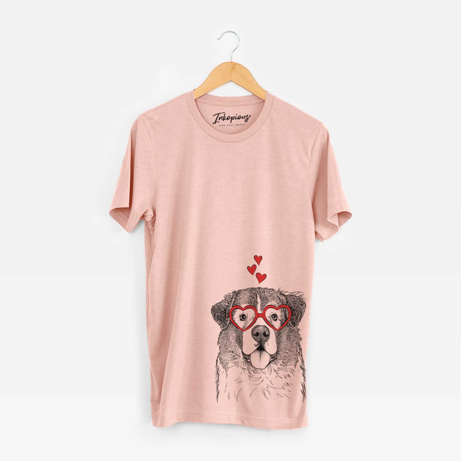 Hand-drawn sketch of Dilly the Saint Bernard wearing heart-shaped glasses on a Peach Unisex crewneck