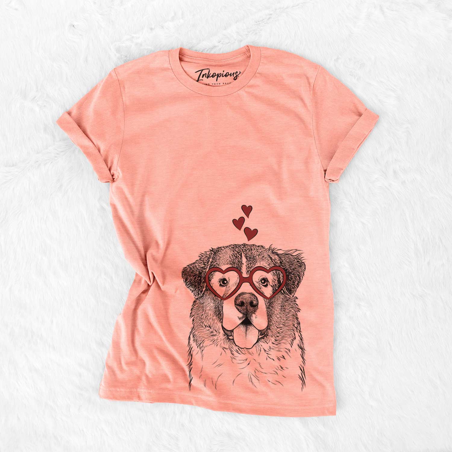 Hand-drawn sketch of Dilly the Saint Bernard wearing heart-shaped glasses on a Sunset Bella Canvas Unisex Crewneck