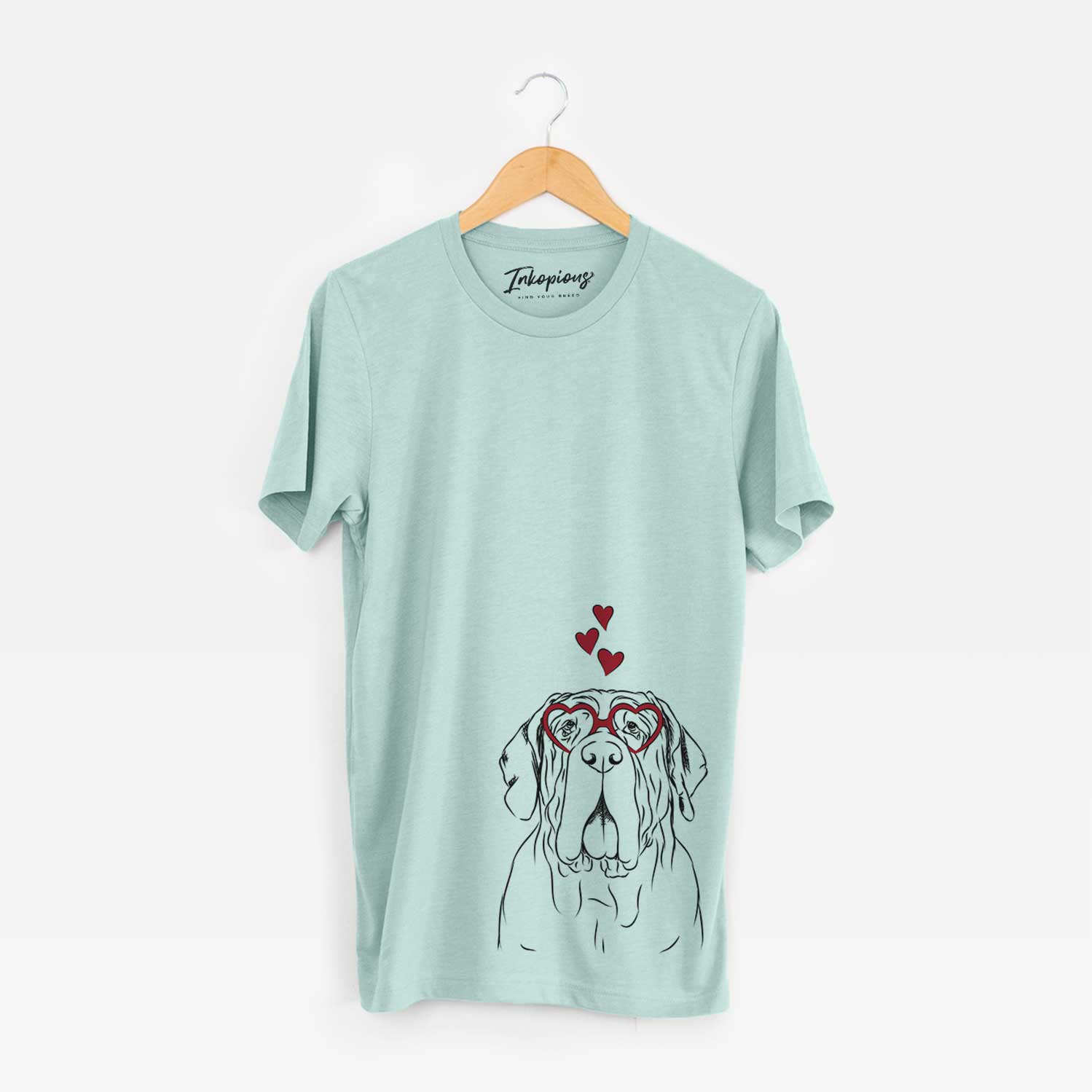 Hand-drawn sketch of Dinah the Neapolitan Mastiff wearing heart-shaped glasses on a Heather Sage Bella Canvas Unisex Crewneck