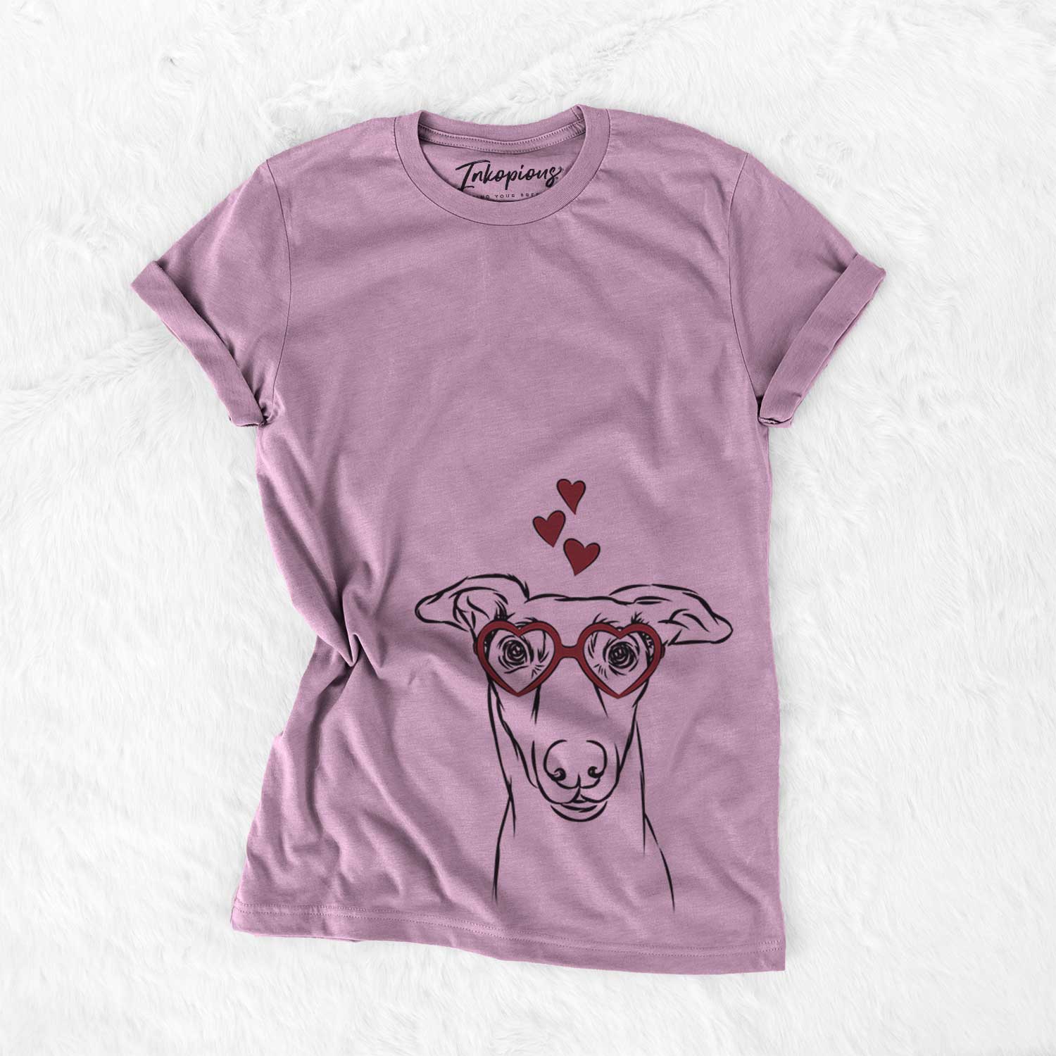 Hand-drawn sketch of Diva the Greyhound wearing heart-shaped glasses on an Orchid Bella Canvas Unisex Crewneck