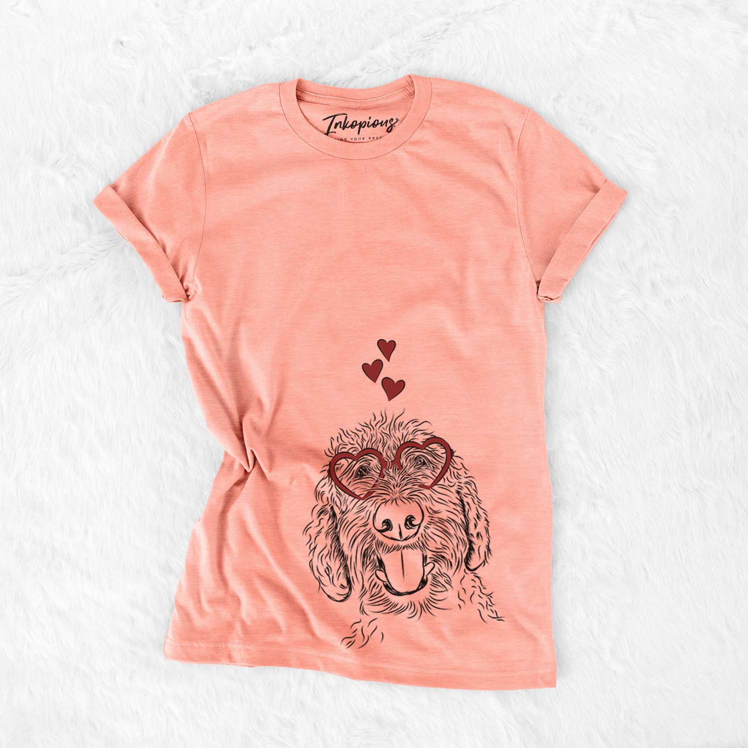 Hand-drawn sketch of Dixie the Doodle wearing heart-shaped glasses on a Sunset Bella Canvas Unisex Crewneck