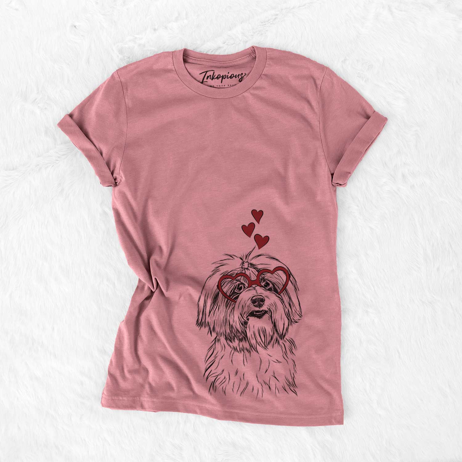 Hand-drawn sketch of Dooley the Havanese wearing heart-shaped glasses on a Mauve Bella Canvas Unisex Crewneck
