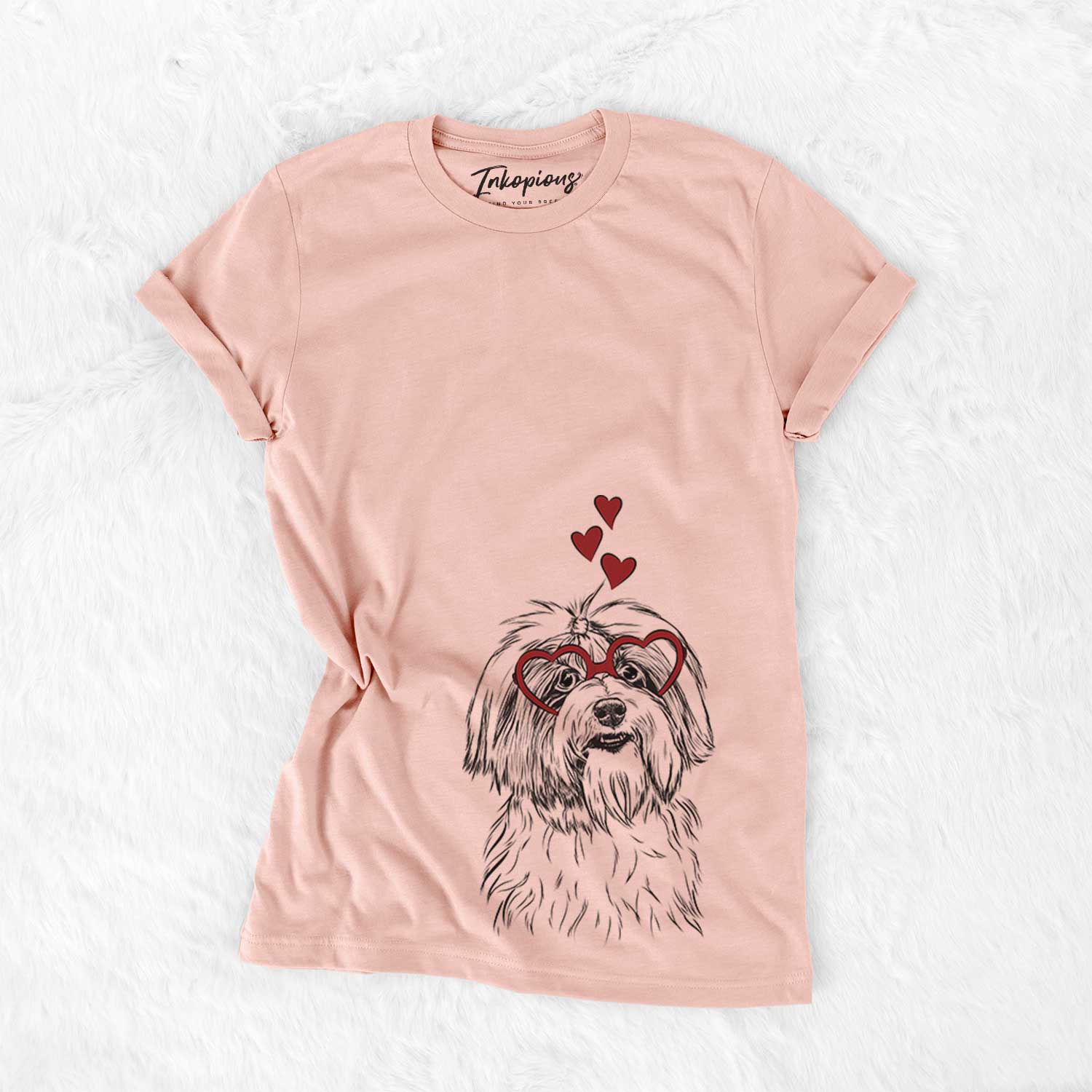 Hand-drawn sketch of Dooley the Havanese wearing heart-shaped glasses on a Peach Bella Canvas Unisex Crewneck