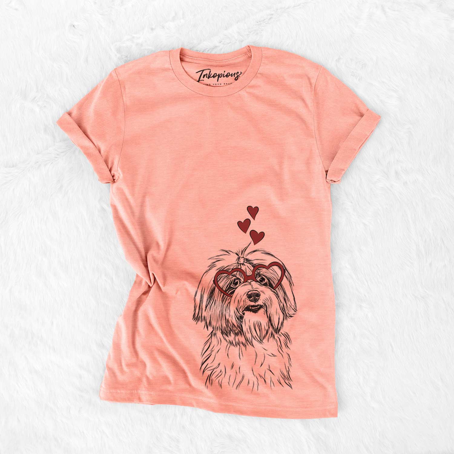 Hand-drawn sketch of Dooley the Havanese wearing heart-shaped glasses on a Sunset Bella Canvas Unisex Crewneck