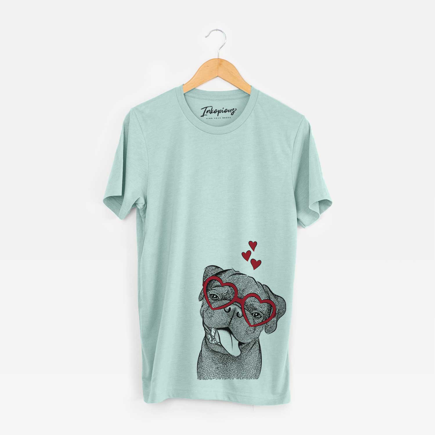 Hand-drawn sketch of Dudley Danger the Pug wearing heart-shaped glasses on a Heather Sage Bella Canvas Unisex Crewneck