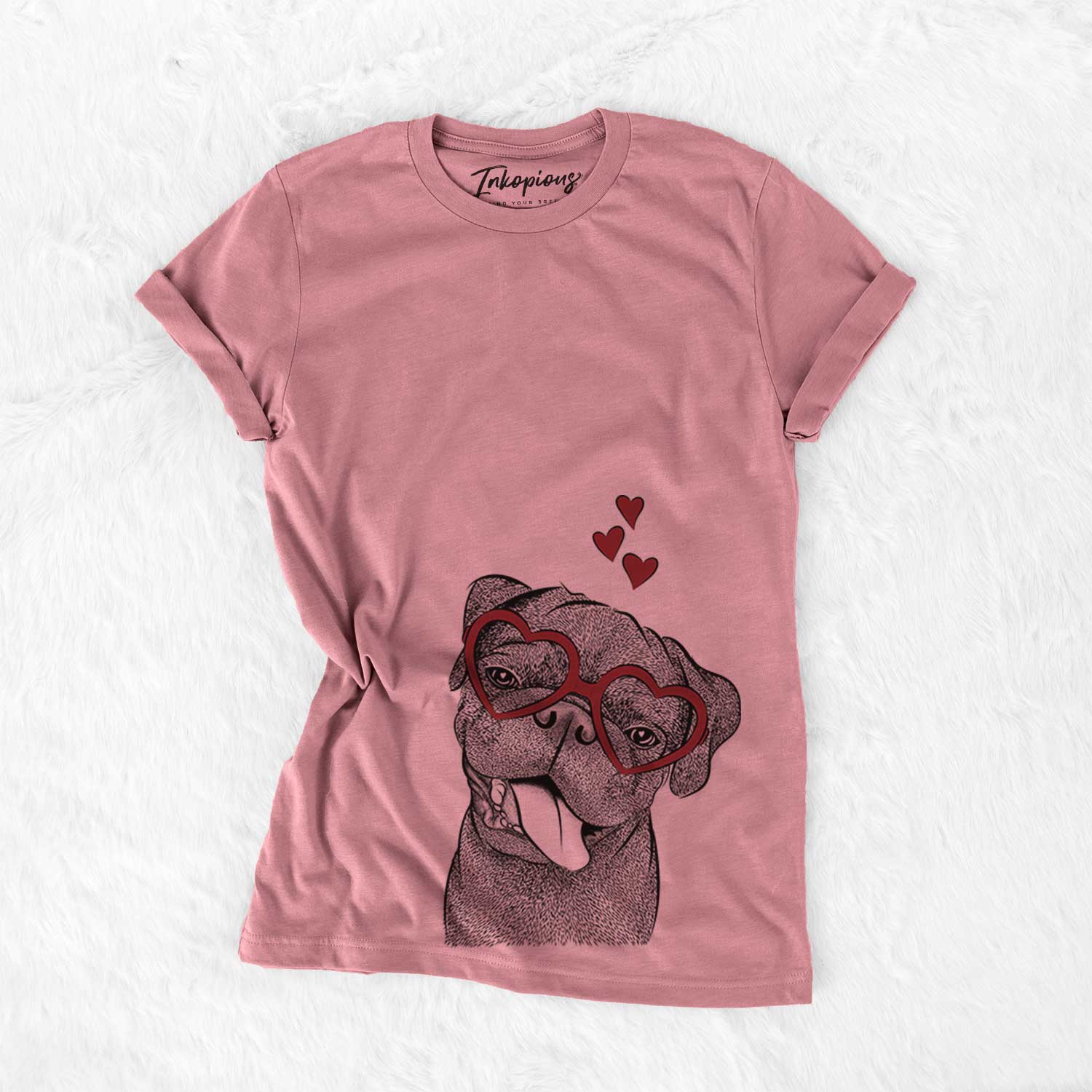 Hand-drawn sketch of Dudley Danger the Pug wearing heart-shaped glasses on a Mauve Bella Canvas Unisex Crewneck