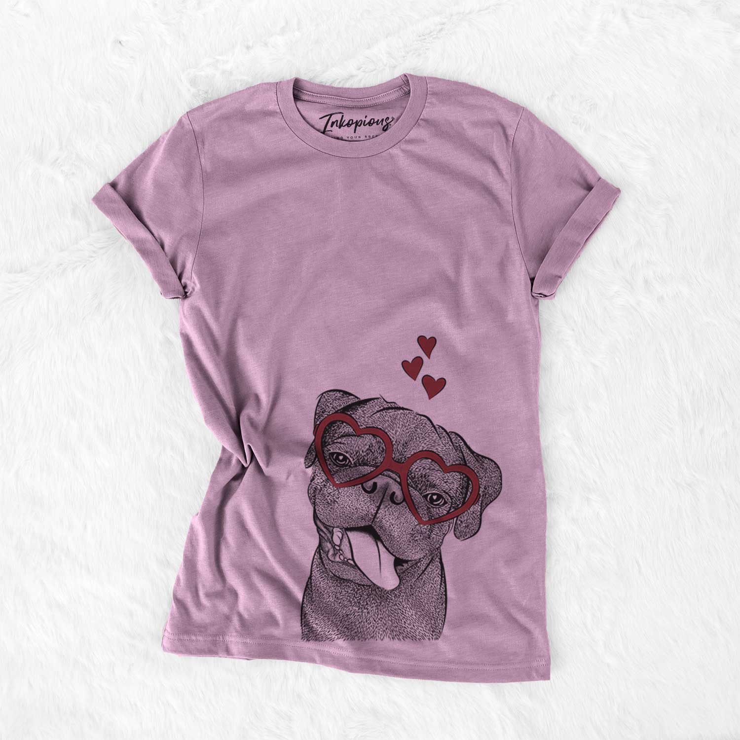 Hand-drawn sketch of Dudley Danger the Pug wearing heart-shaped glasses on an Orchid Bella Canvas Unisex Crewneck