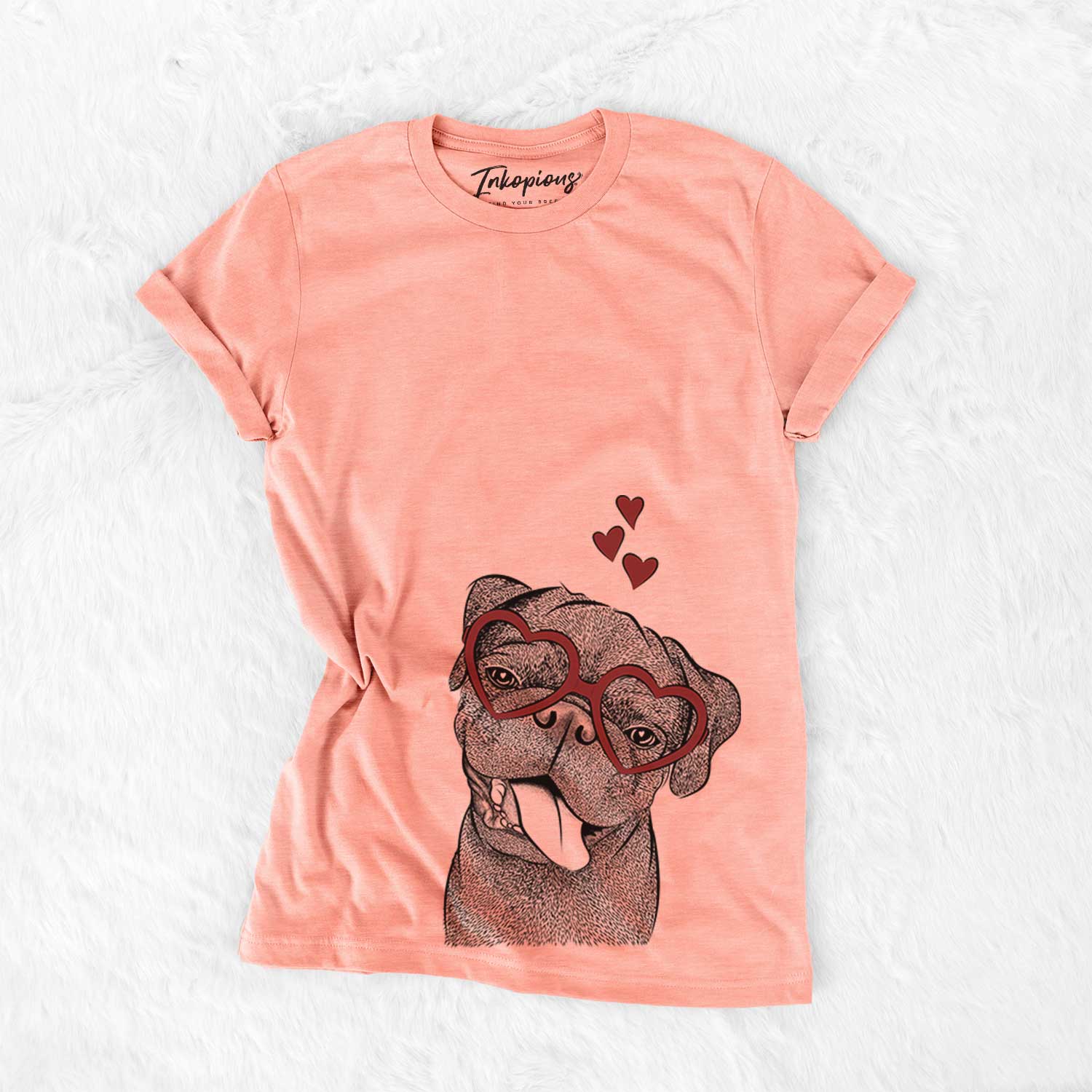 Hand-drawn sketch of Dudley Danger the Pug wearing heart-shaped glasses on a Sunset Bella Canvas Unisex Crewneck