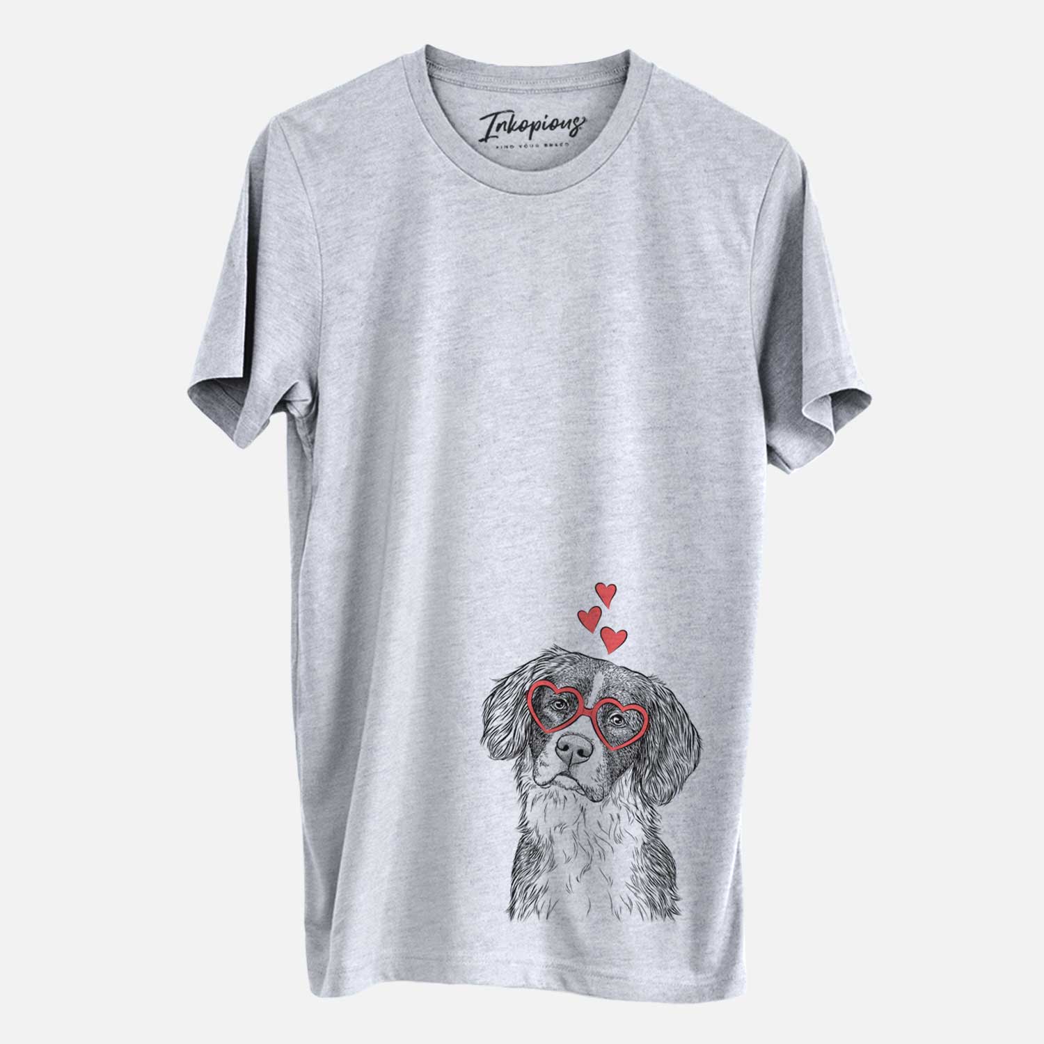 Hand-drawn sketch of Dulce the Drentsche Patrijshond wearing heart-shaped glasses on a Grey Unisex crewneck