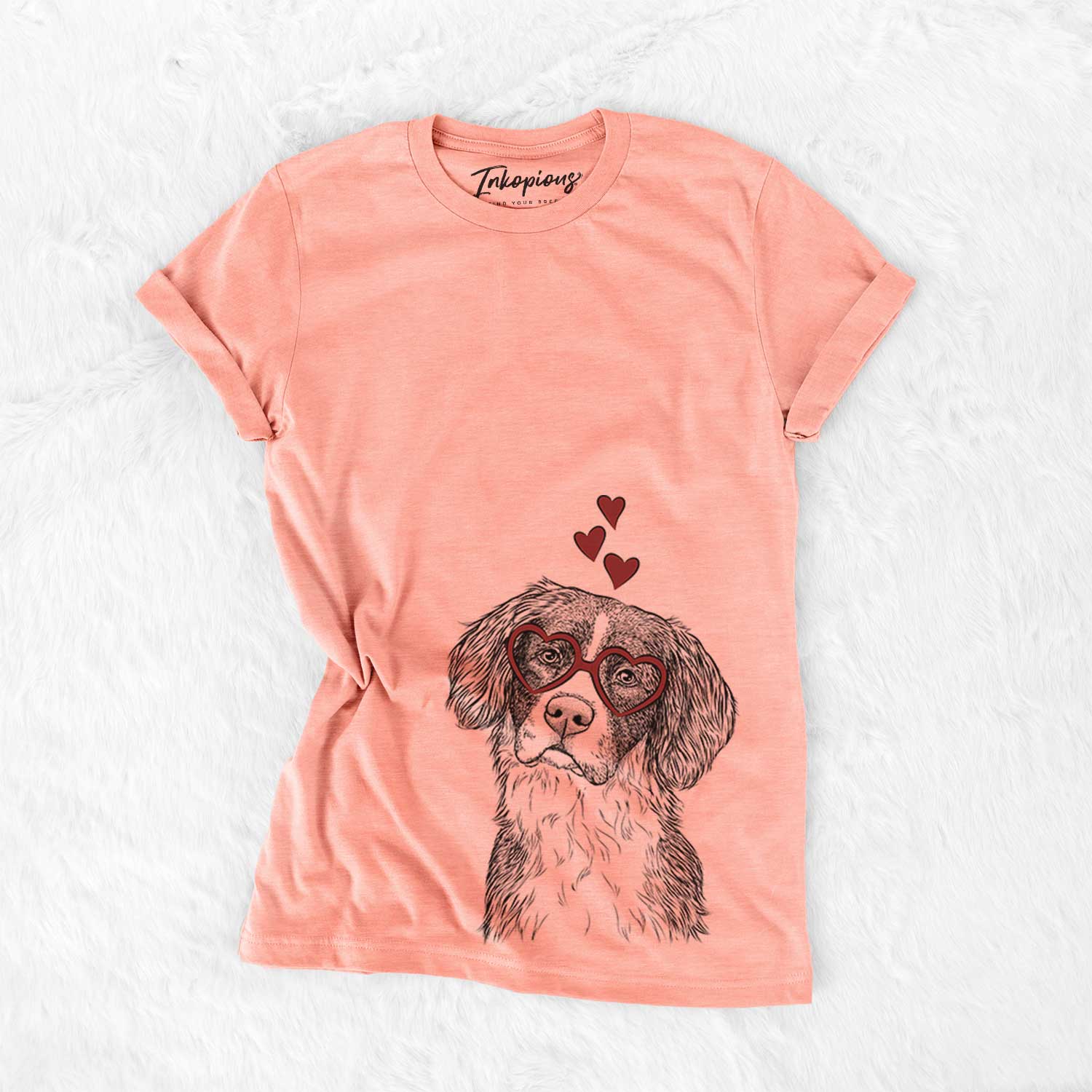 Hand-drawn sketch of Dulce the Drentsche Patrijshond wearing heart-shaped glasses on a Sunset Bella Canvas Unisex Crewneck