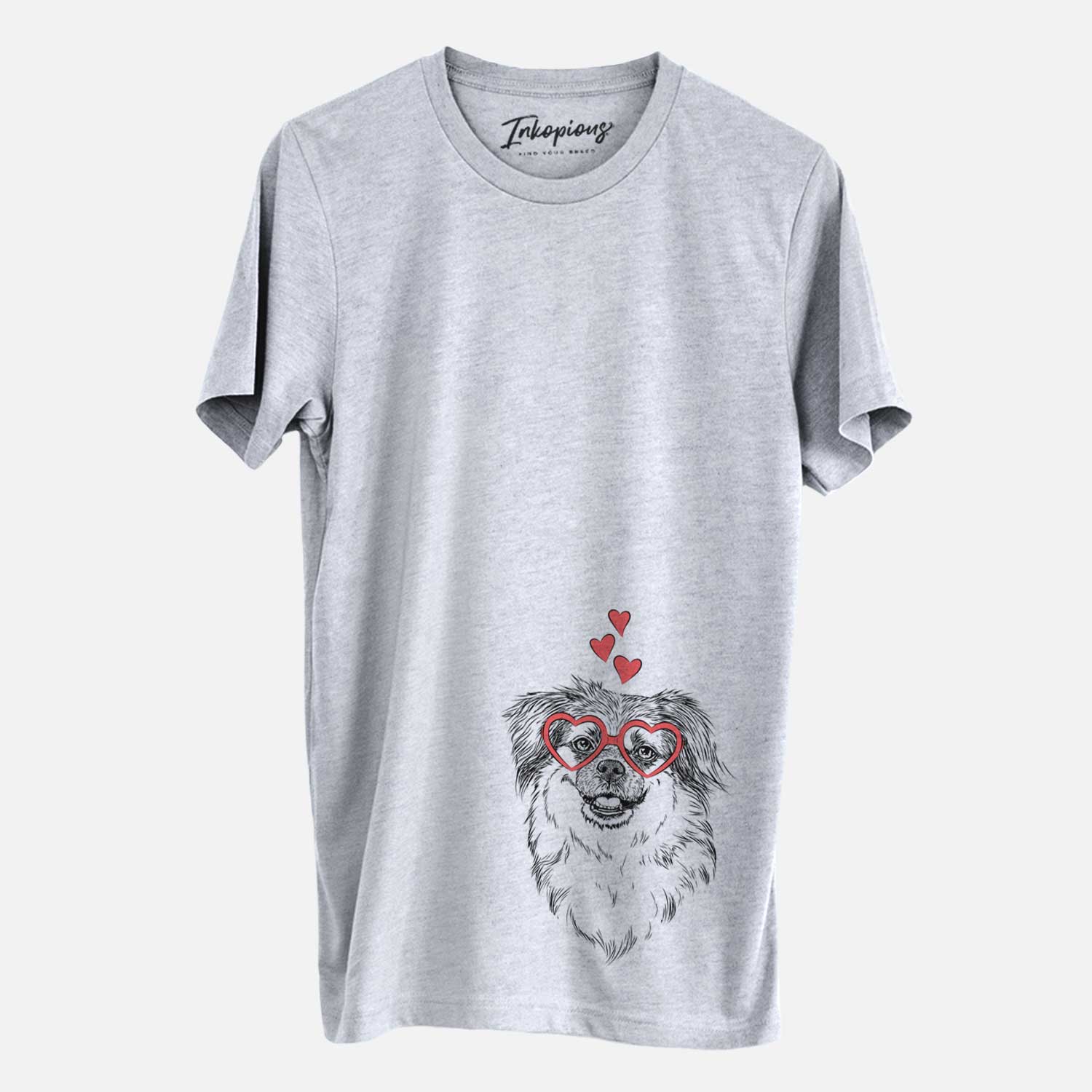 Hand-drawn sketch of Ed the Tibetan Spaniel wearing heart-shaped glasses on a Grey Unisex crewneck