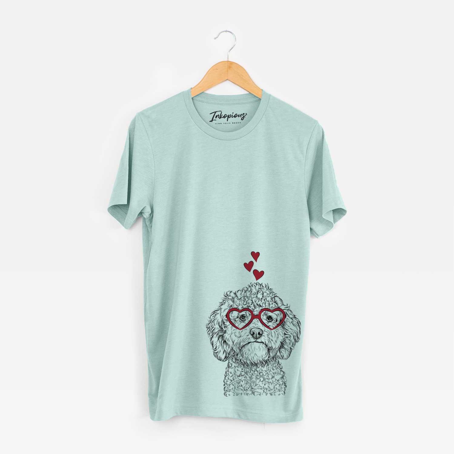 Hand-drawn sketch of Edgar the Shihpoo wearing heart-shaped glasses on a Heather Sage Bella Canvas Unisex Crewneck