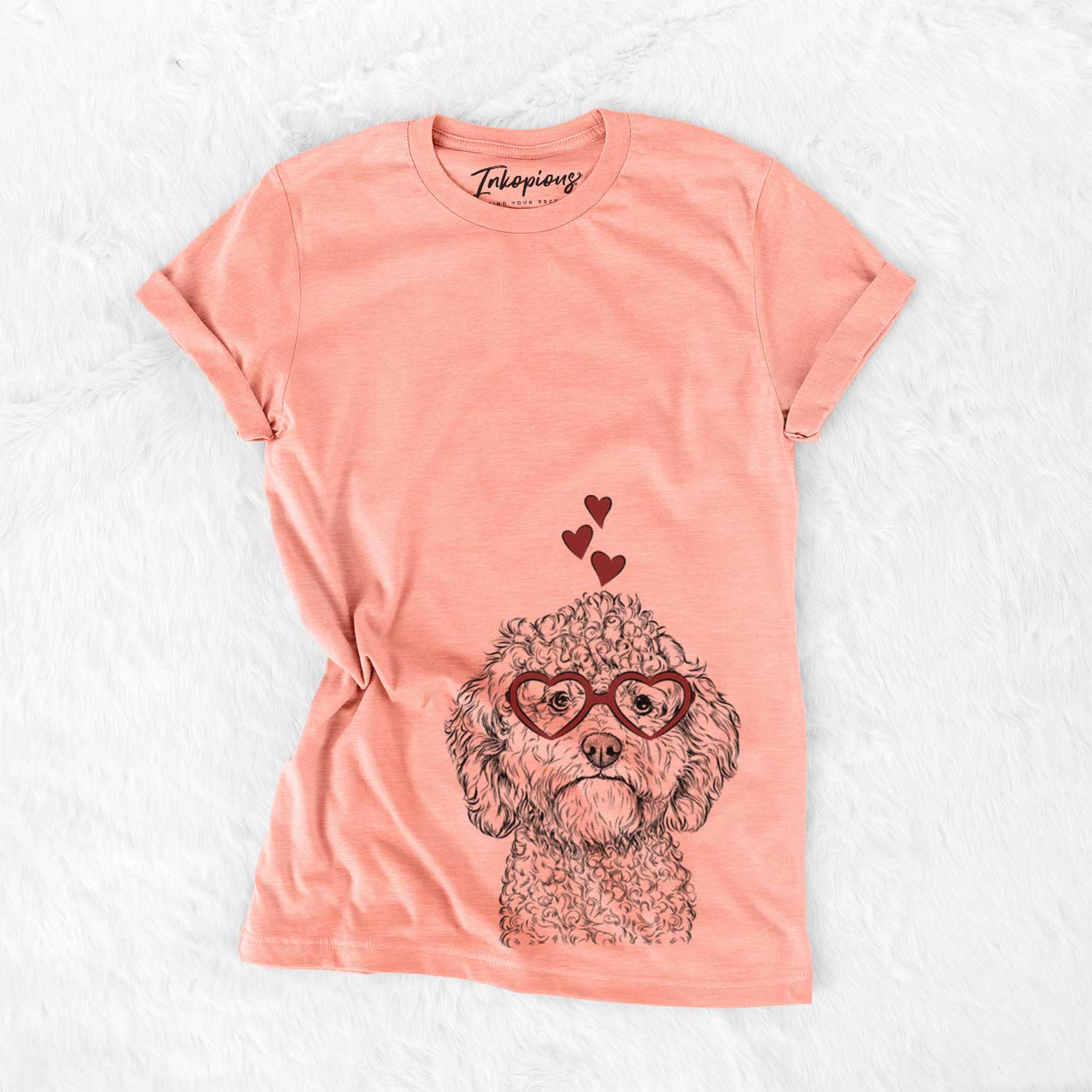 Hand-drawn sketch of Edgar the Shihpoo wearing heart-shaped glasses on a Sunset Bella Canvas Unisex Crewneck