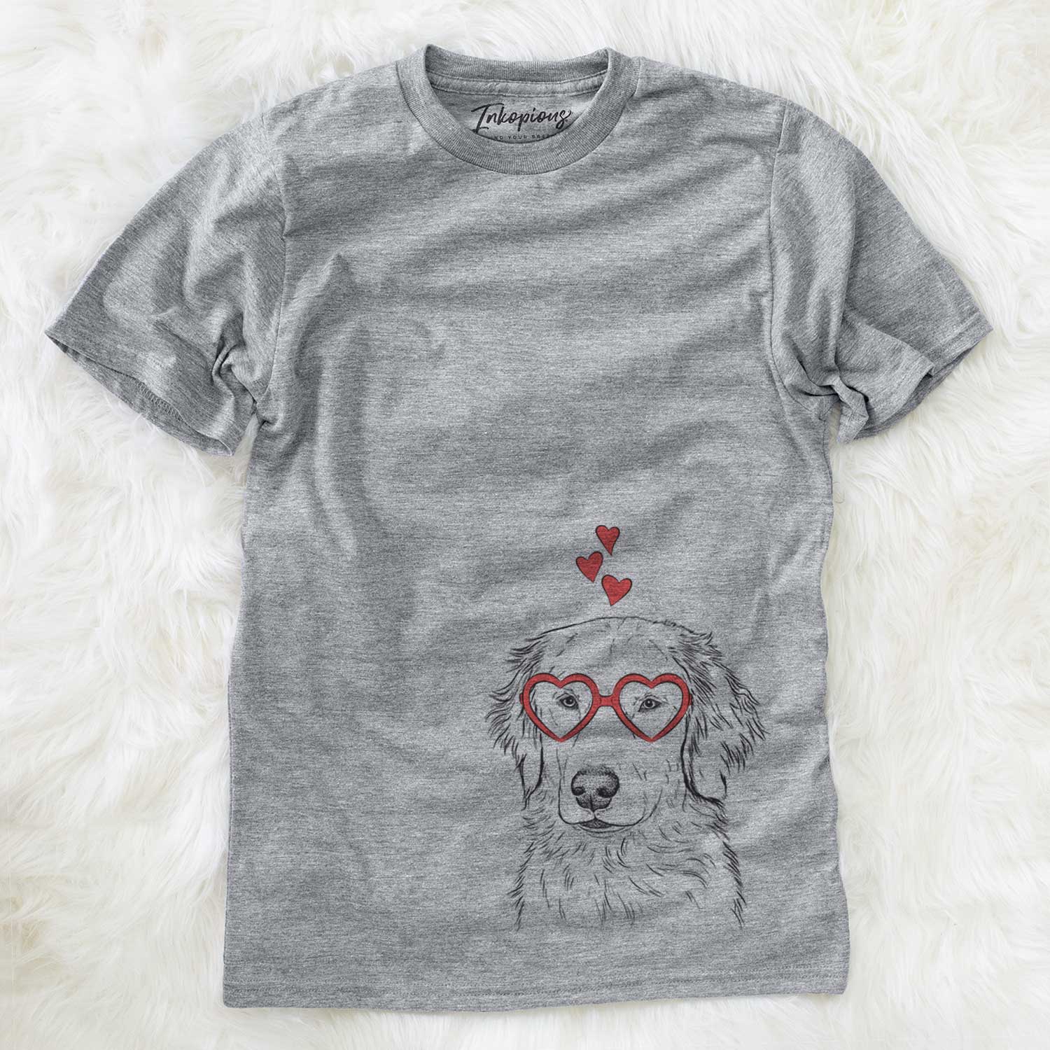 Hand-drawn sketch of Eli the Golden Retriever wearing heart-shaped glasses on a Grey Unisex crewneck