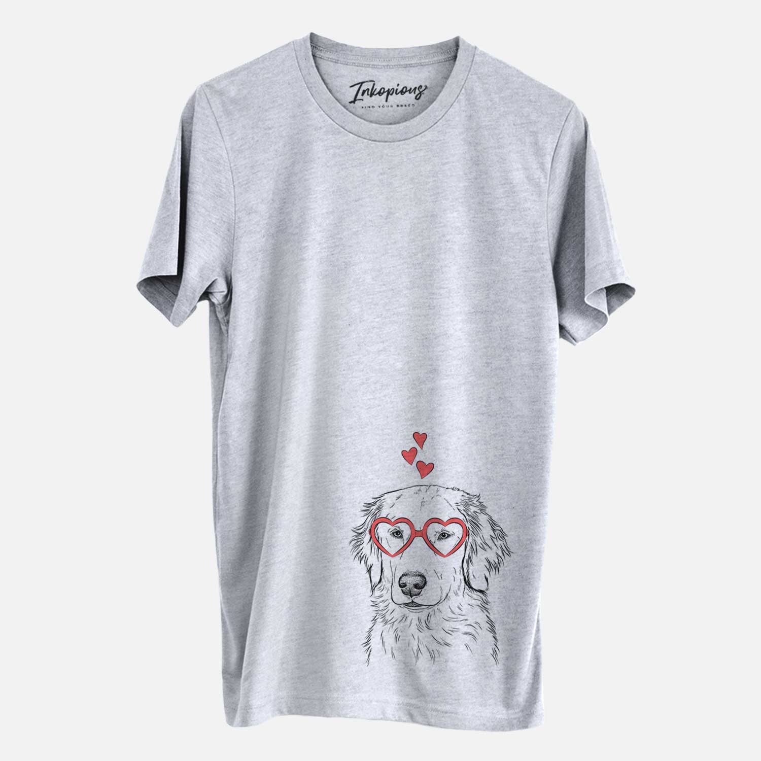 Hand-drawn sketch of Eli the Golden Retriever wearing heart-shaped glasses on a Grey Unisex crewneck