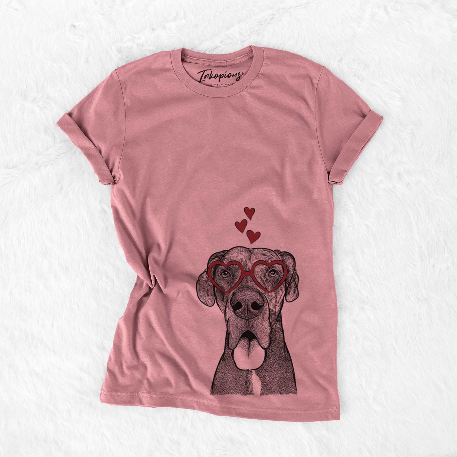 Hand-drawn sketch of Eli the Great Dane wearing heart-shaped glasses on a Mauve Bella Canvas Unisex Crewneck