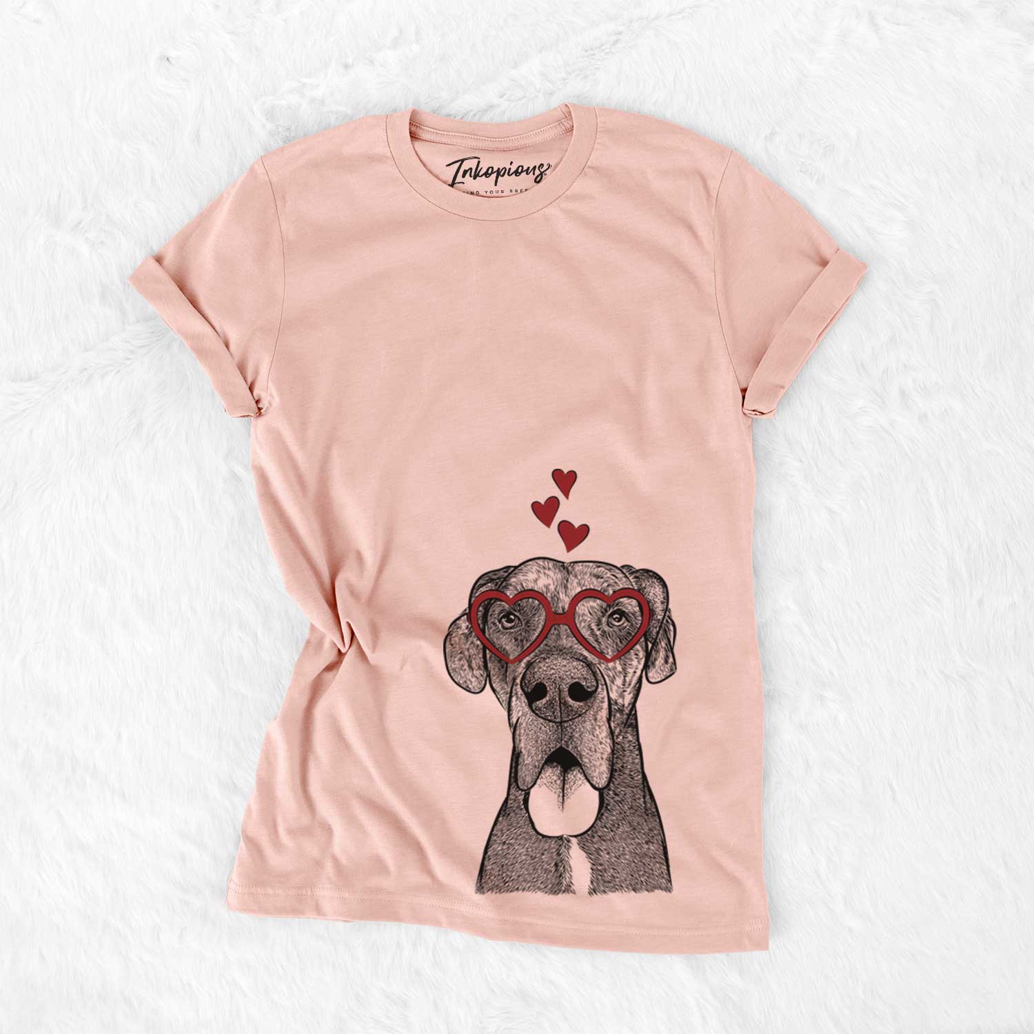 Hand-drawn sketch of Eli the Great Dane wearing heart-shaped glasses on a Peach Bella Canvas Unisex Crewneck