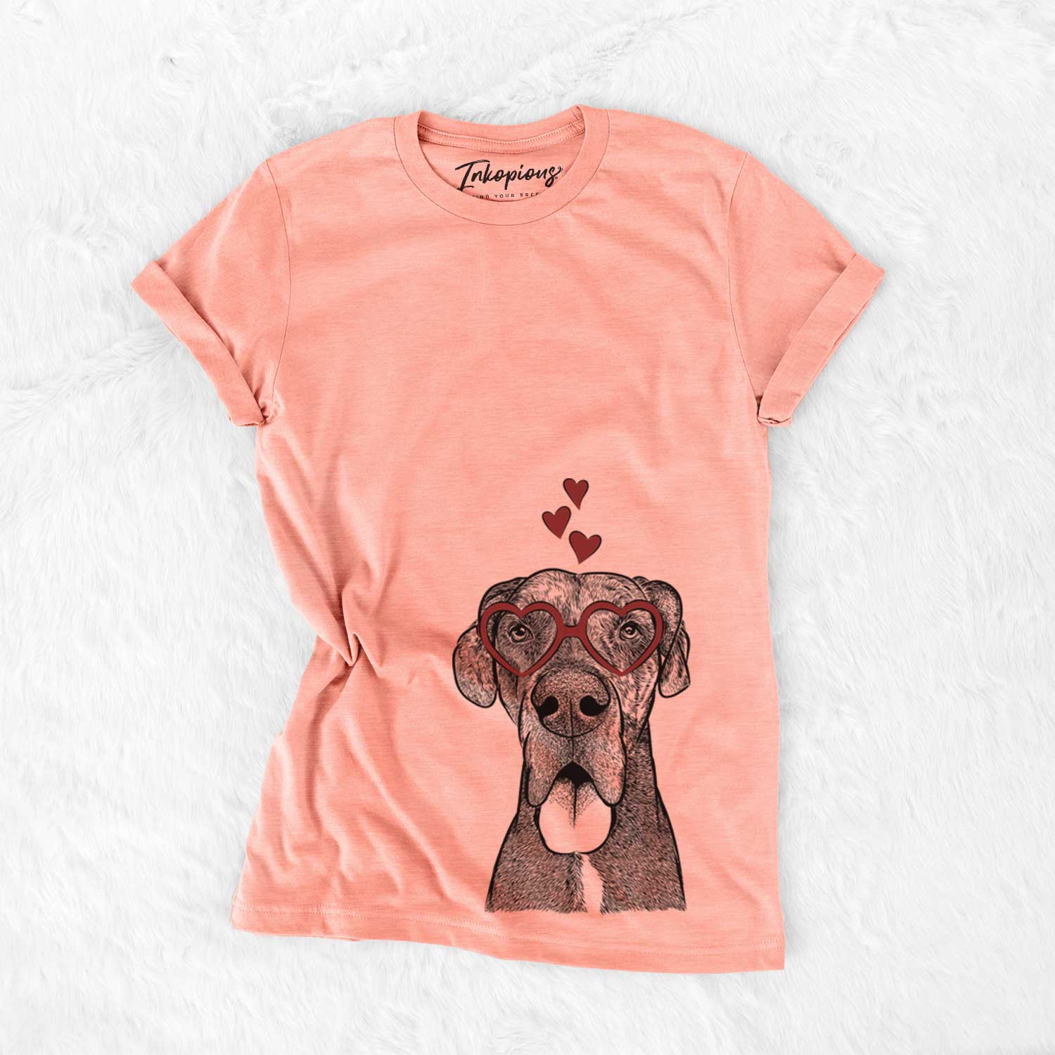 Hand-drawn sketch of Eli the Great Dane wearing heart-shaped glasses on a Sunset Bella Canvas Unisex Crewneck