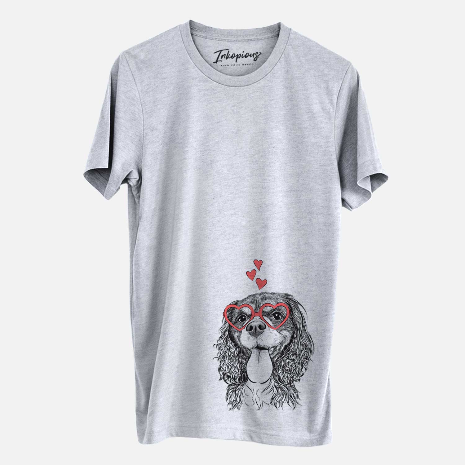 Hand-drawn sketch of Elizabeth the Cavalier King Charles Spaniel wearing heart-shaped glasses on a Grey Unisex crewneck