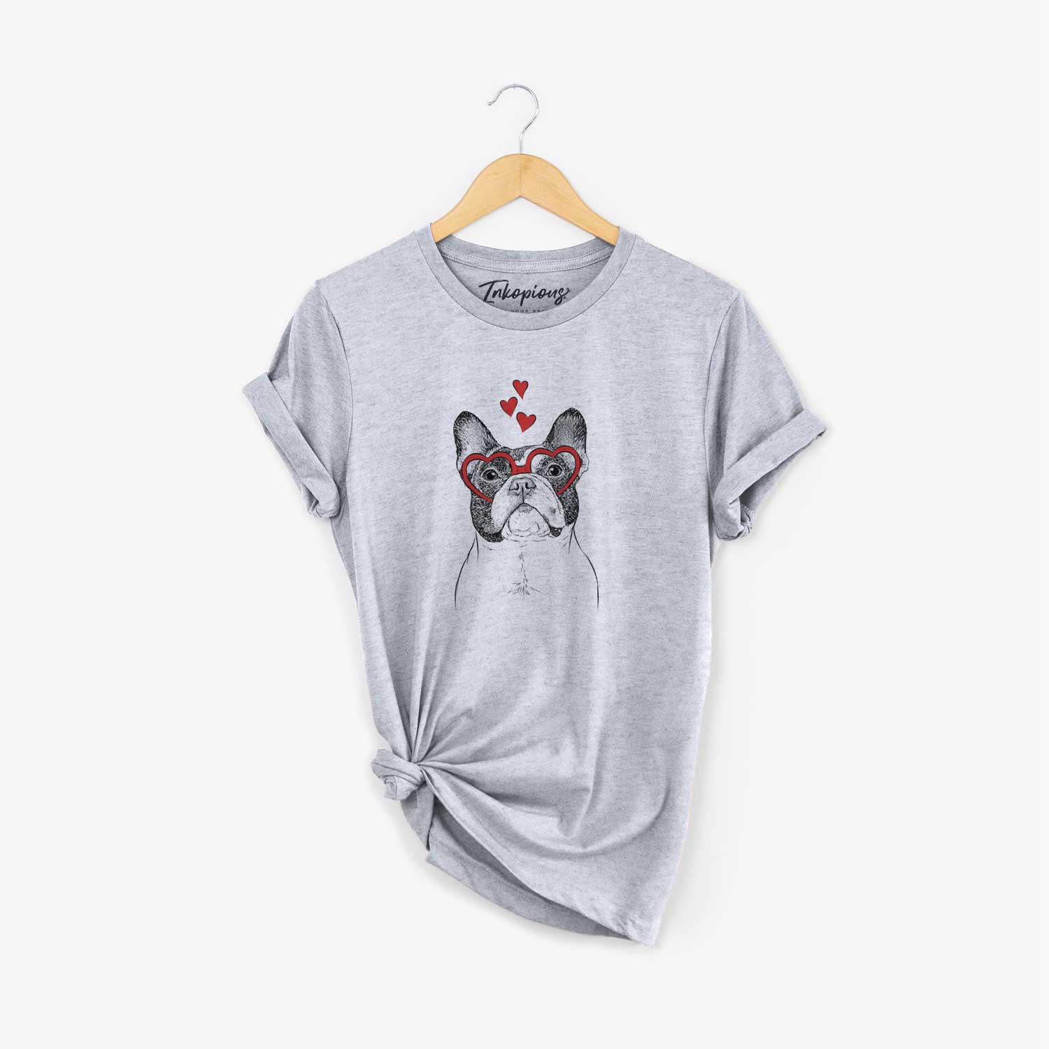 Hand-drawn sketch of Ella the French Bulldog wearing heart-shaped glasses on a Grey Unisex crewneck