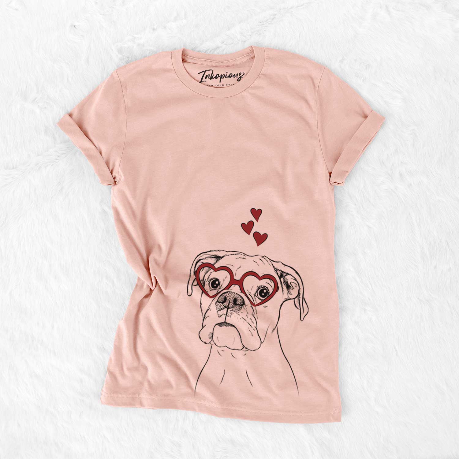 Hand-drawn sketch of Ellie the Boxer wearing heart-shaped glasses on a Peach Bella Canvas Unisex Crewneck