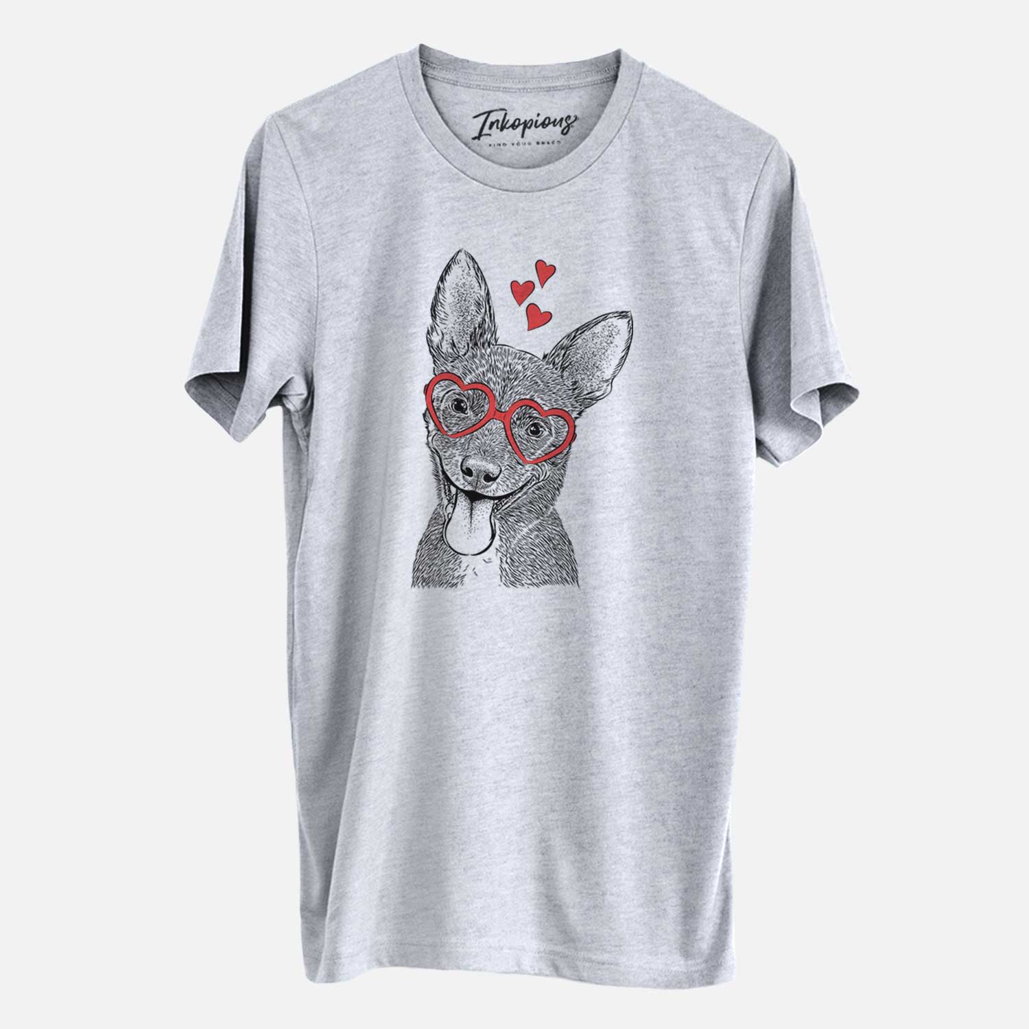 Hand-drawn sketch of Elvira the Terrier Mix wearing heart-shaped glasses on a Grey Unisex crewneck